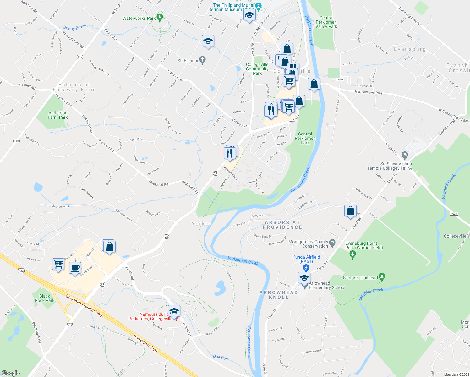 map of restaurants, bars, coffee shops, grocery stores, and more near 116 Honeylocust Court in Collegeville