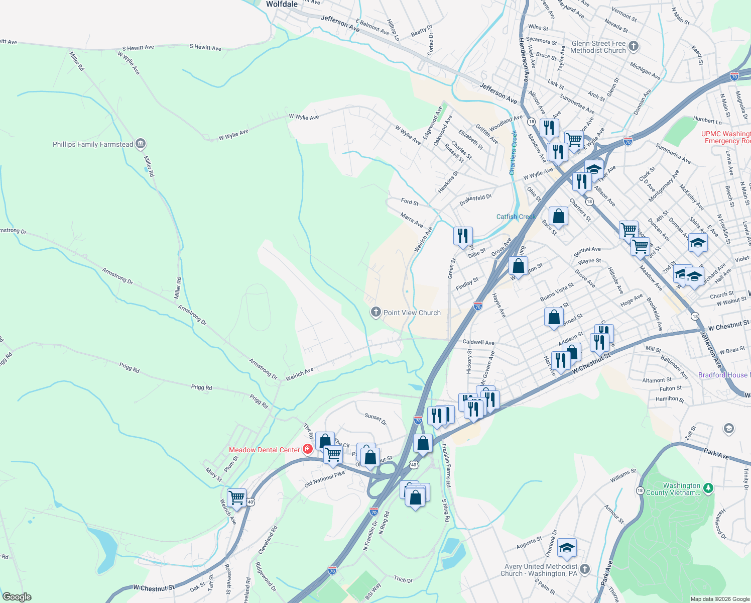 map of restaurants, bars, coffee shops, grocery stores, and more near 170 Point View Drive in Washington