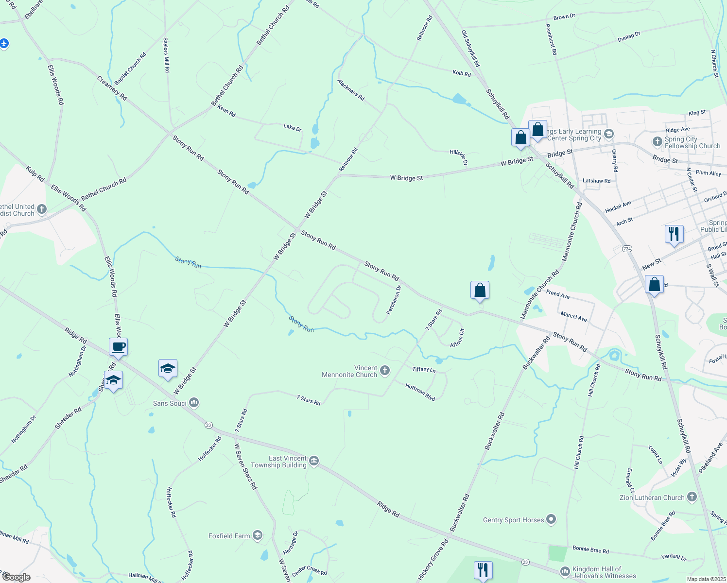 map of restaurants, bars, coffee shops, grocery stores, and more near 48 Percheron Drive in Spring City