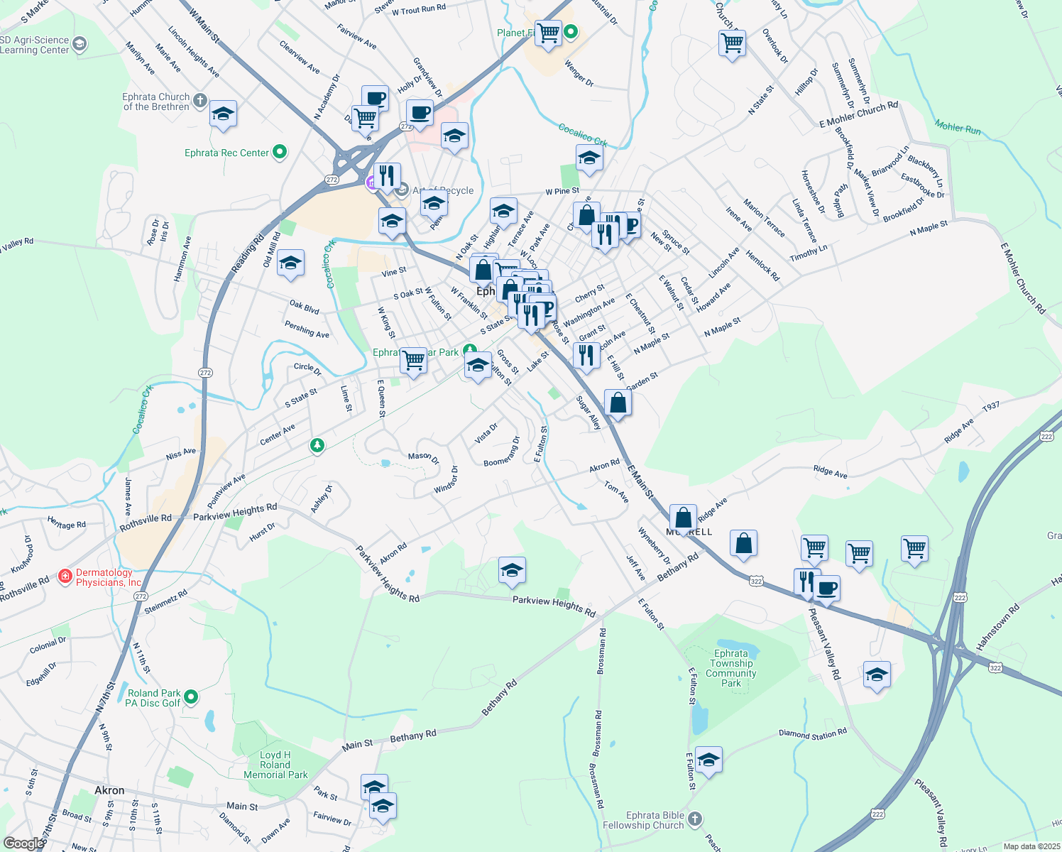 map of restaurants, bars, coffee shops, grocery stores, and more near 30 Westpointe Drive in Ephrata