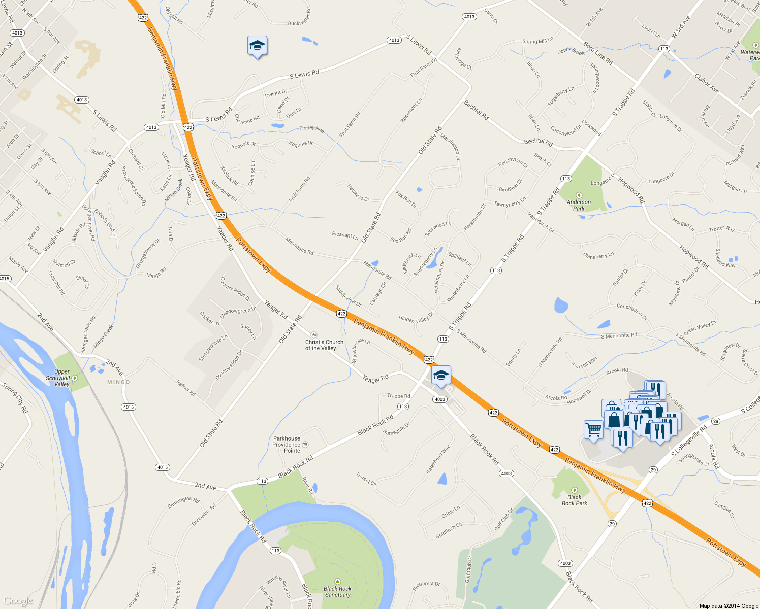 map of restaurants, bars, coffee shops, grocery stores, and more near 21 Carriage Circle in Royersford