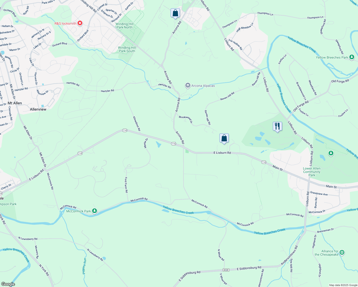 map of restaurants, bars, coffee shops, grocery stores, and more near 931 East Lisburn Road in Mechanicsburg