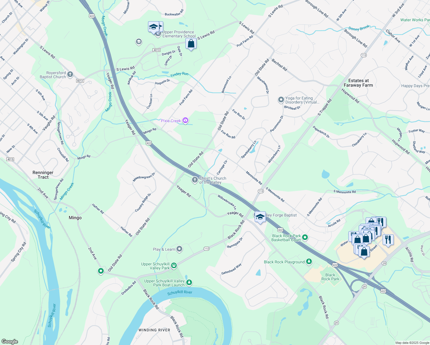 map of restaurants, bars, coffee shops, grocery stores, and more near 40 Saddleview Drive in Royersford