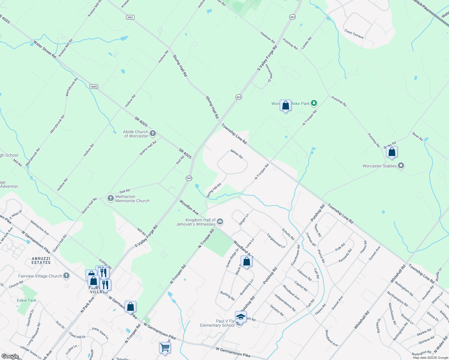 map of restaurants, bars, coffee shops, grocery stores, and more near 1372 Spring Hill Road in Norristown