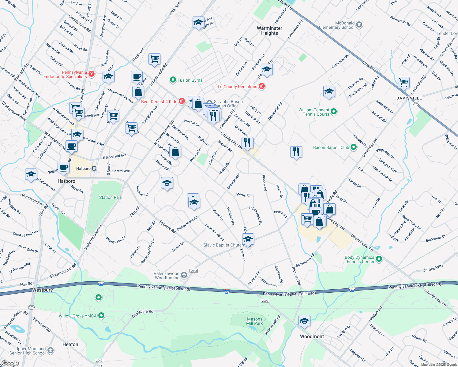 map of restaurants, bars, coffee shops, grocery stores, and more near 4216 Orangemans Road in Hatboro
