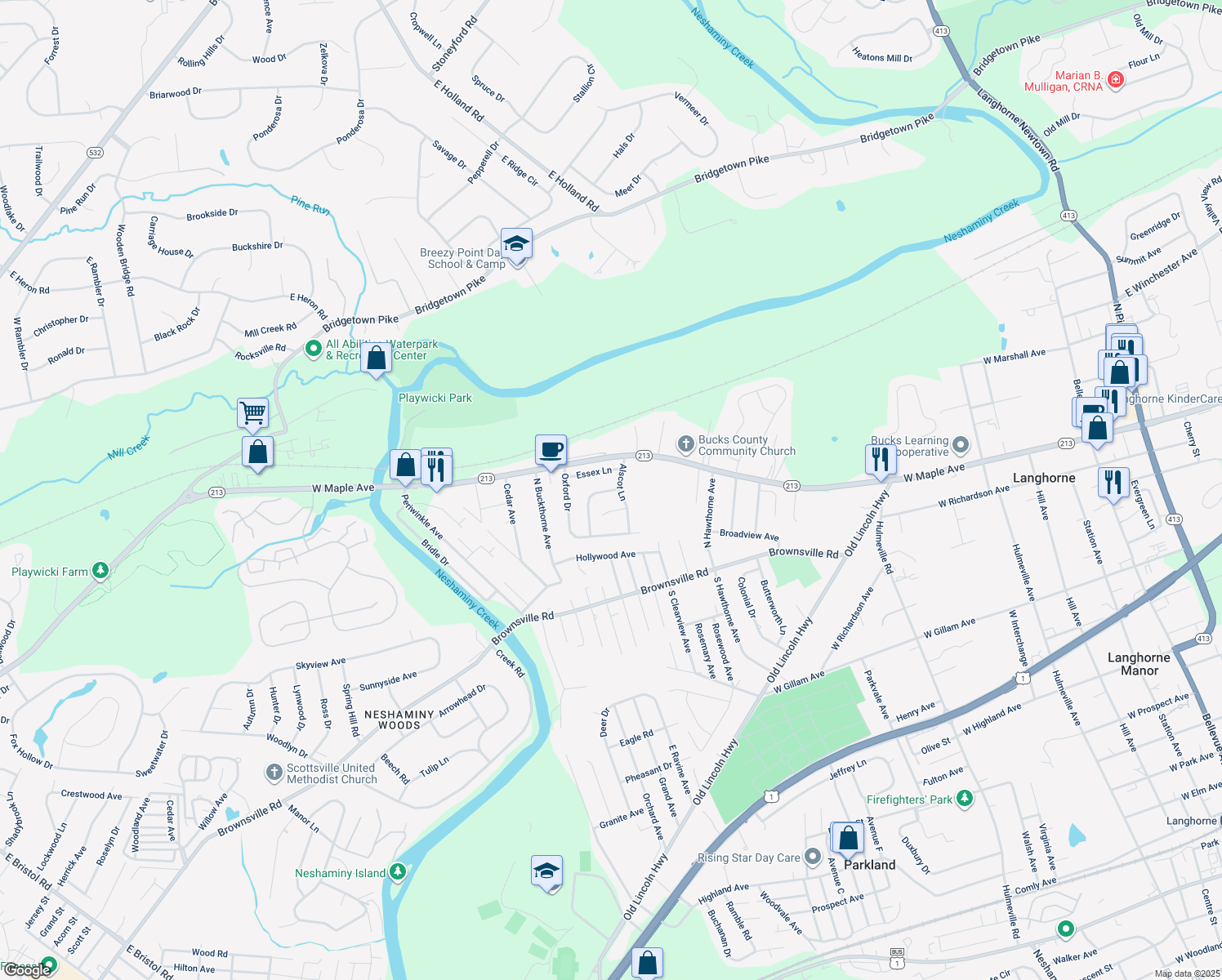 map of restaurants, bars, coffee shops, grocery stores, and more near 13 Oswin Turn in Langhorne
