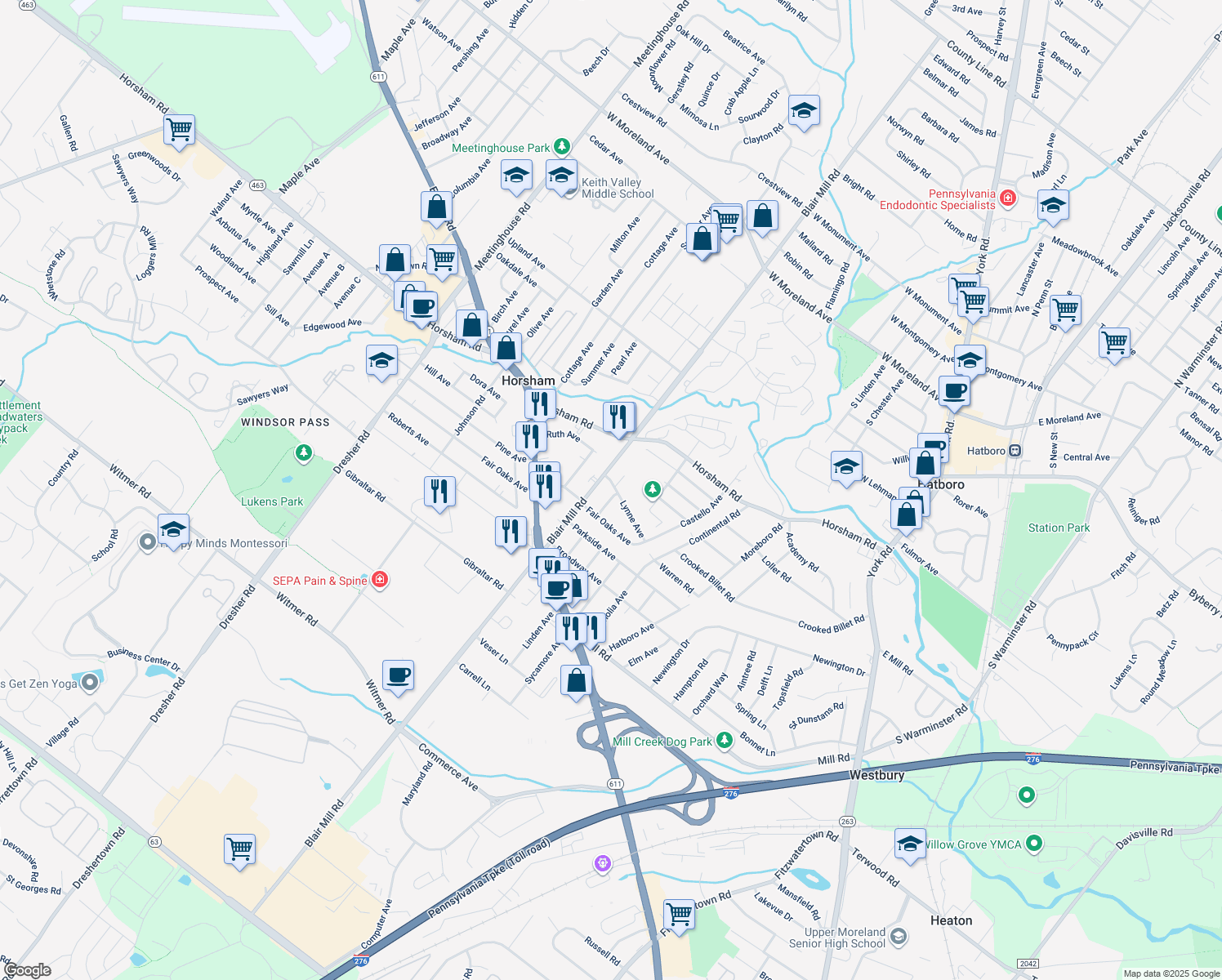 map of restaurants, bars, coffee shops, grocery stores, and more near 2800 Lynne Avenue in Hatboro