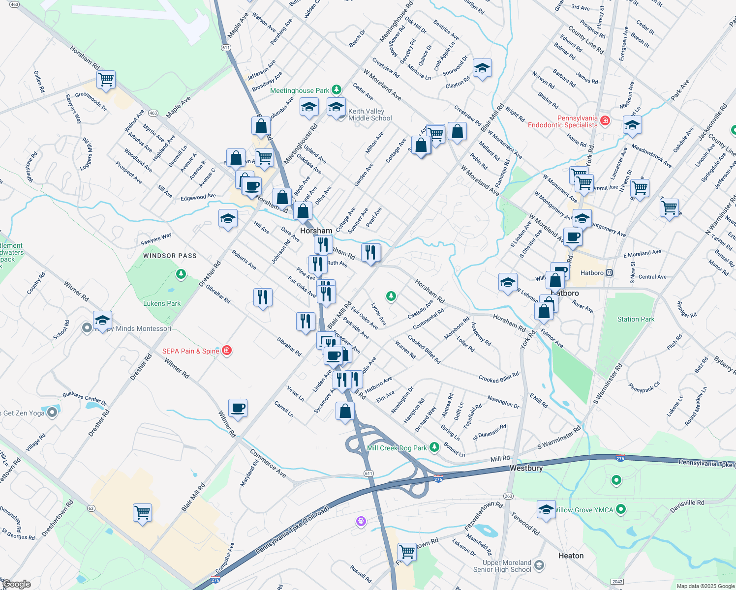 map of restaurants, bars, coffee shops, grocery stores, and more near 2804 Lynne Avenue in Hatboro