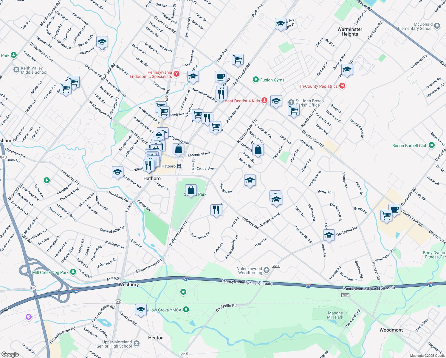 map of restaurants, bars, coffee shops, grocery stores, and more near 3900 Reiniger Road in Hatboro