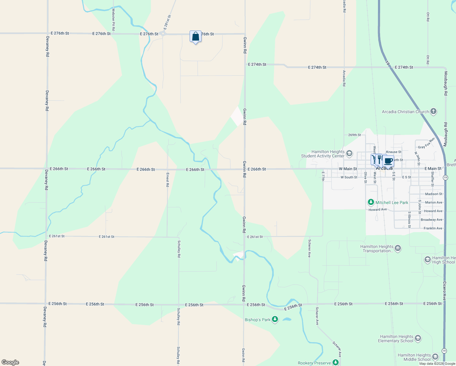 map of restaurants, bars, coffee shops, grocery stores, and more near 26550 Gwinn Road in Arcadia