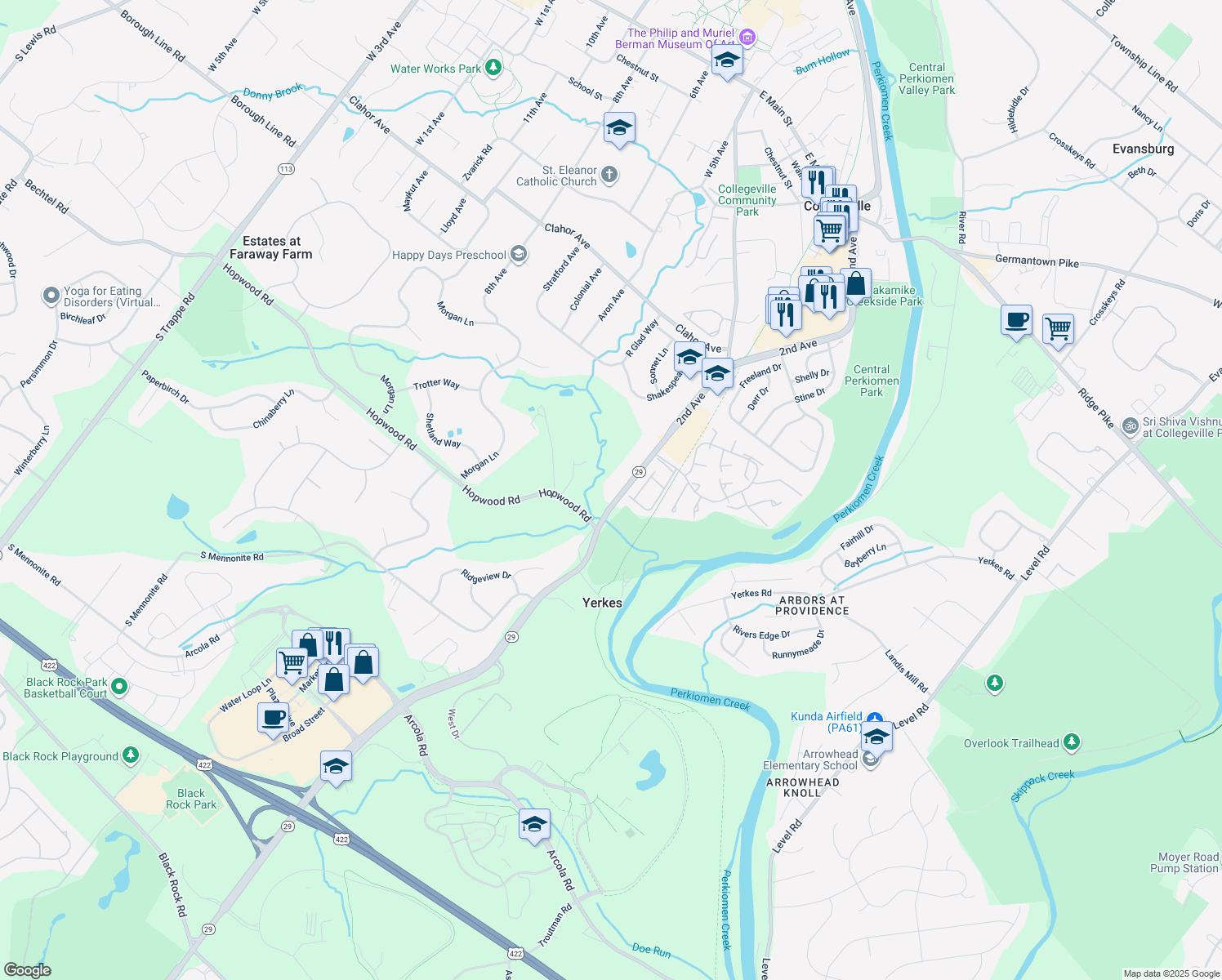 map of restaurants, bars, coffee shops, grocery stores, and more near 1719 S Collegeville Rd in Collegeville