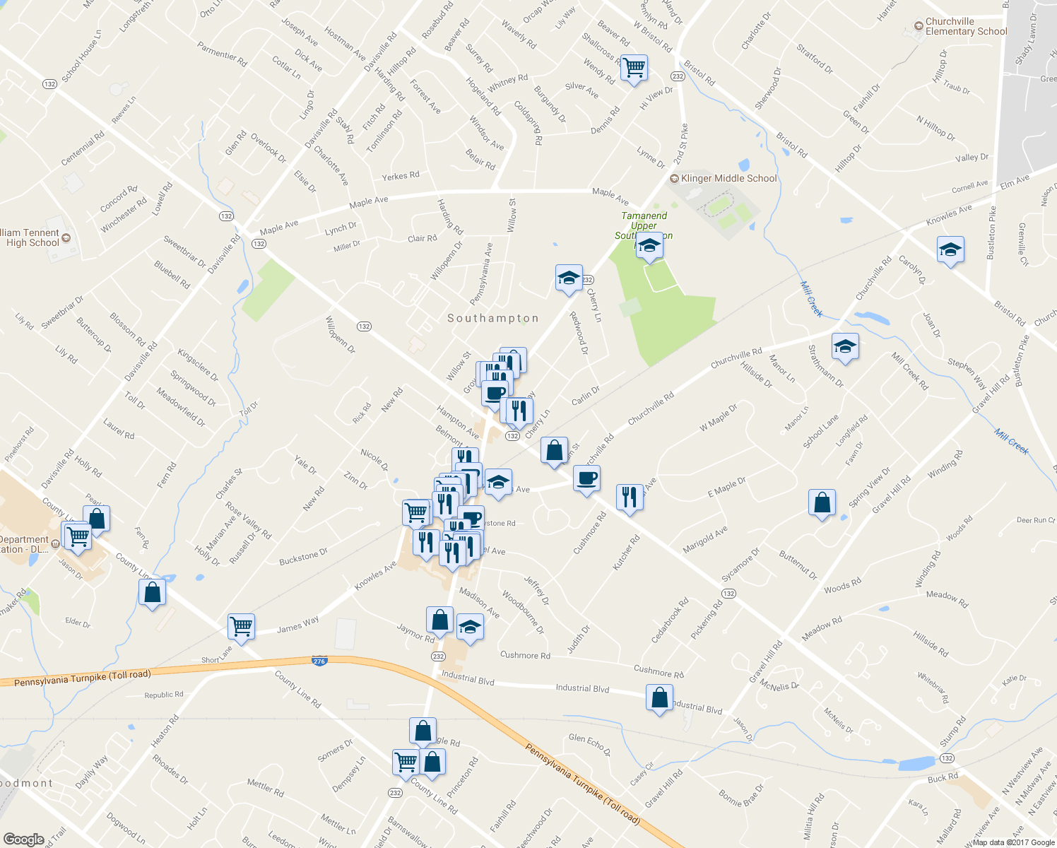 map of restaurants, bars, coffee shops, grocery stores, and more near 734 Cherry Lane in Southampton