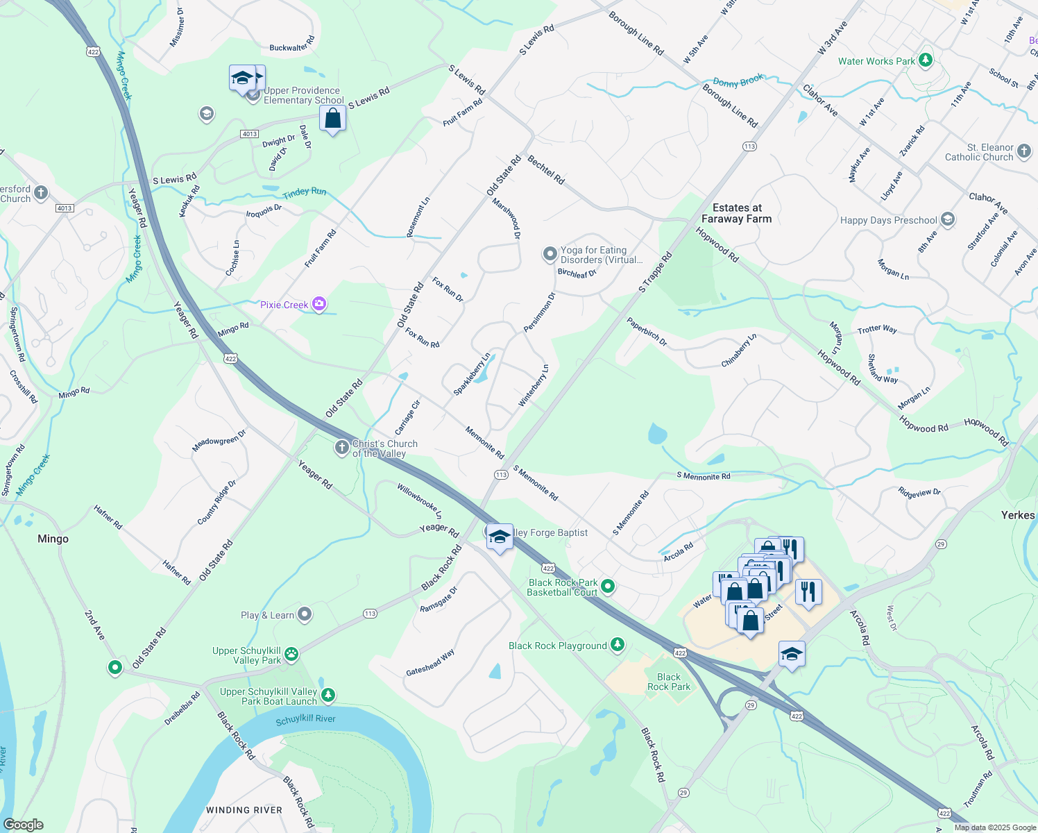 map of restaurants, bars, coffee shops, grocery stores, and more near 212 Winterberry Ln in Collegeville