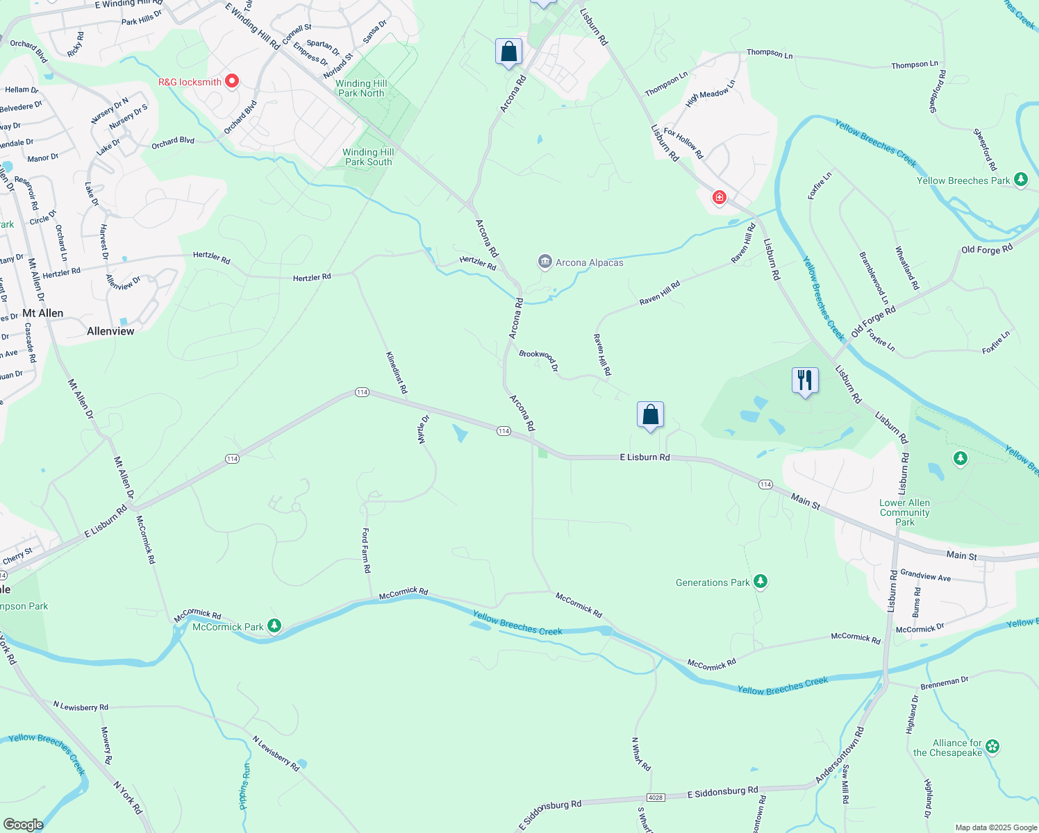map of restaurants, bars, coffee shops, grocery stores, and more near 2630 Arcona Road in Mechanicsburg