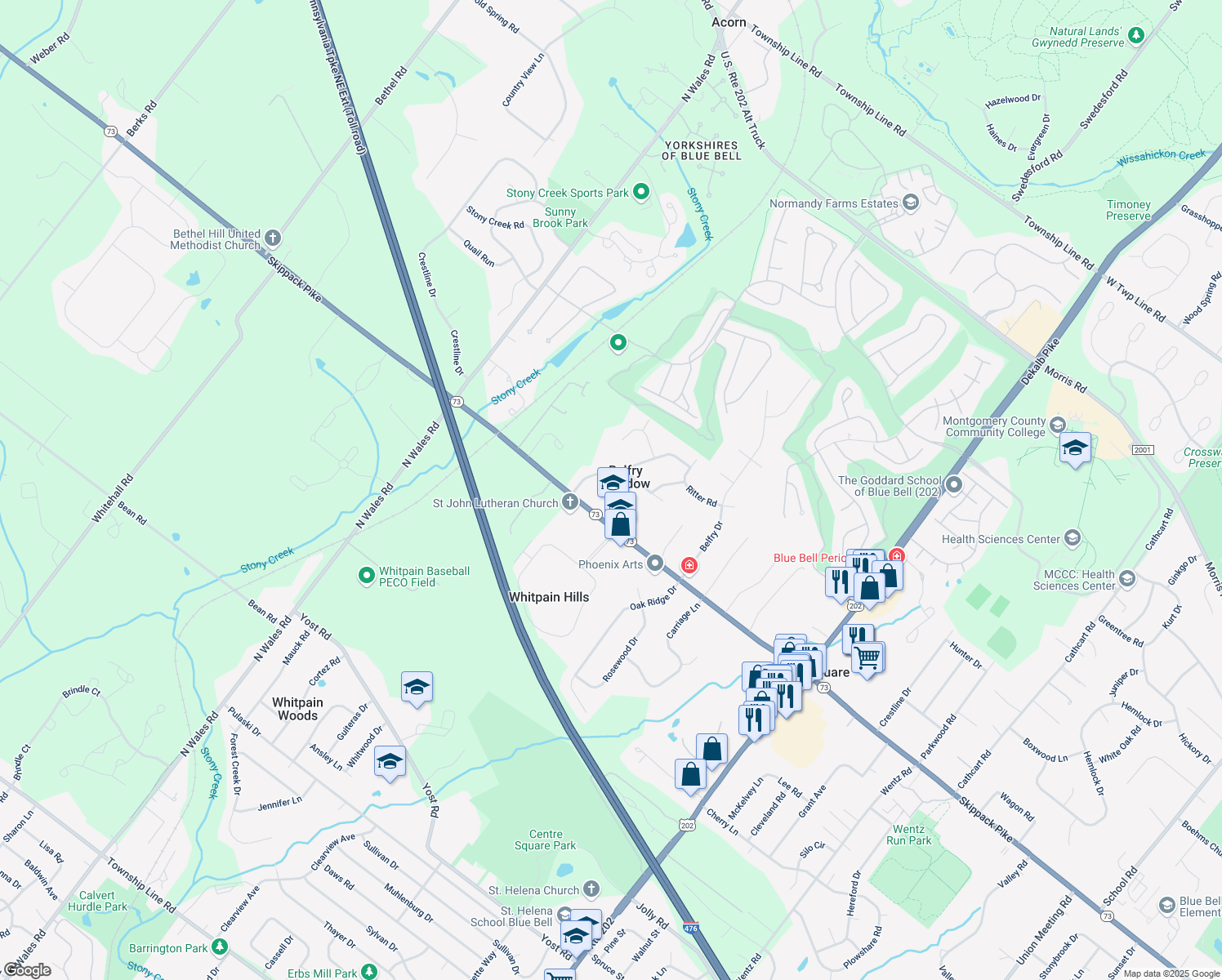 map of restaurants, bars, coffee shops, grocery stores, and more near 830 Mara Drive in Blue Bell