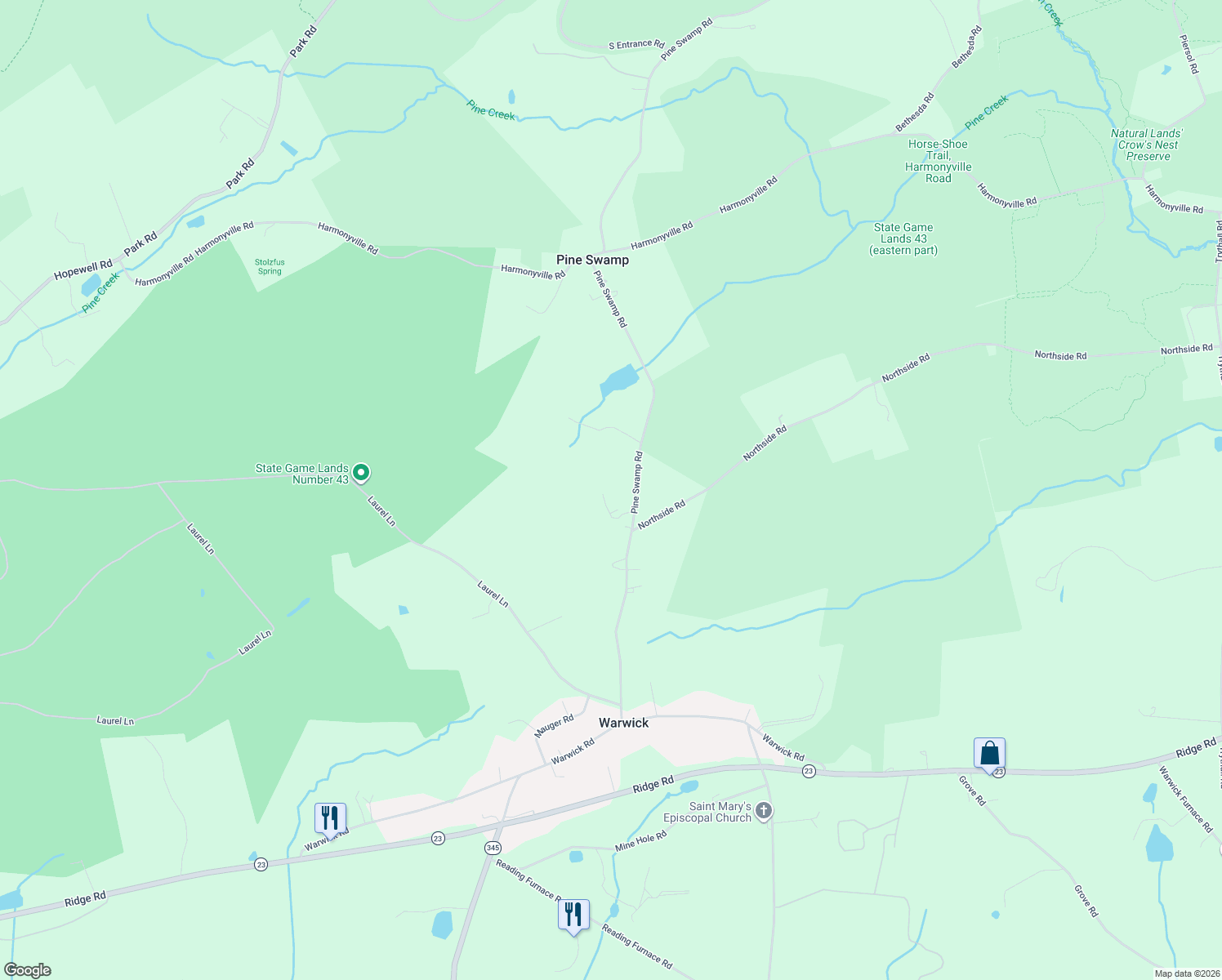 map of restaurants, bars, coffee shops, grocery stores, and more near 203 Pine Swamp Rd in Elverson
