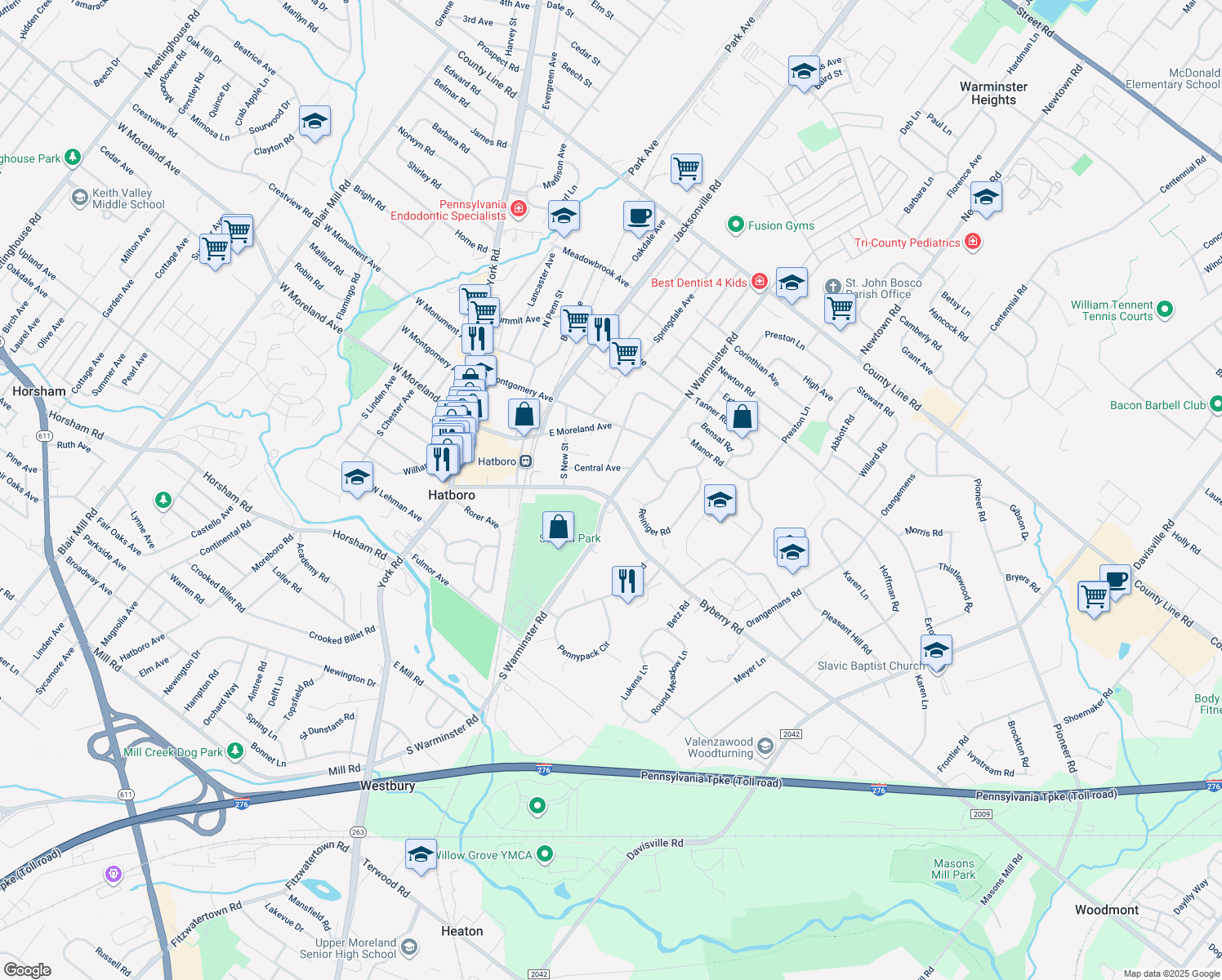 map of restaurants, bars, coffee shops, grocery stores, and more near 239 Byberry Rd in Hatboro