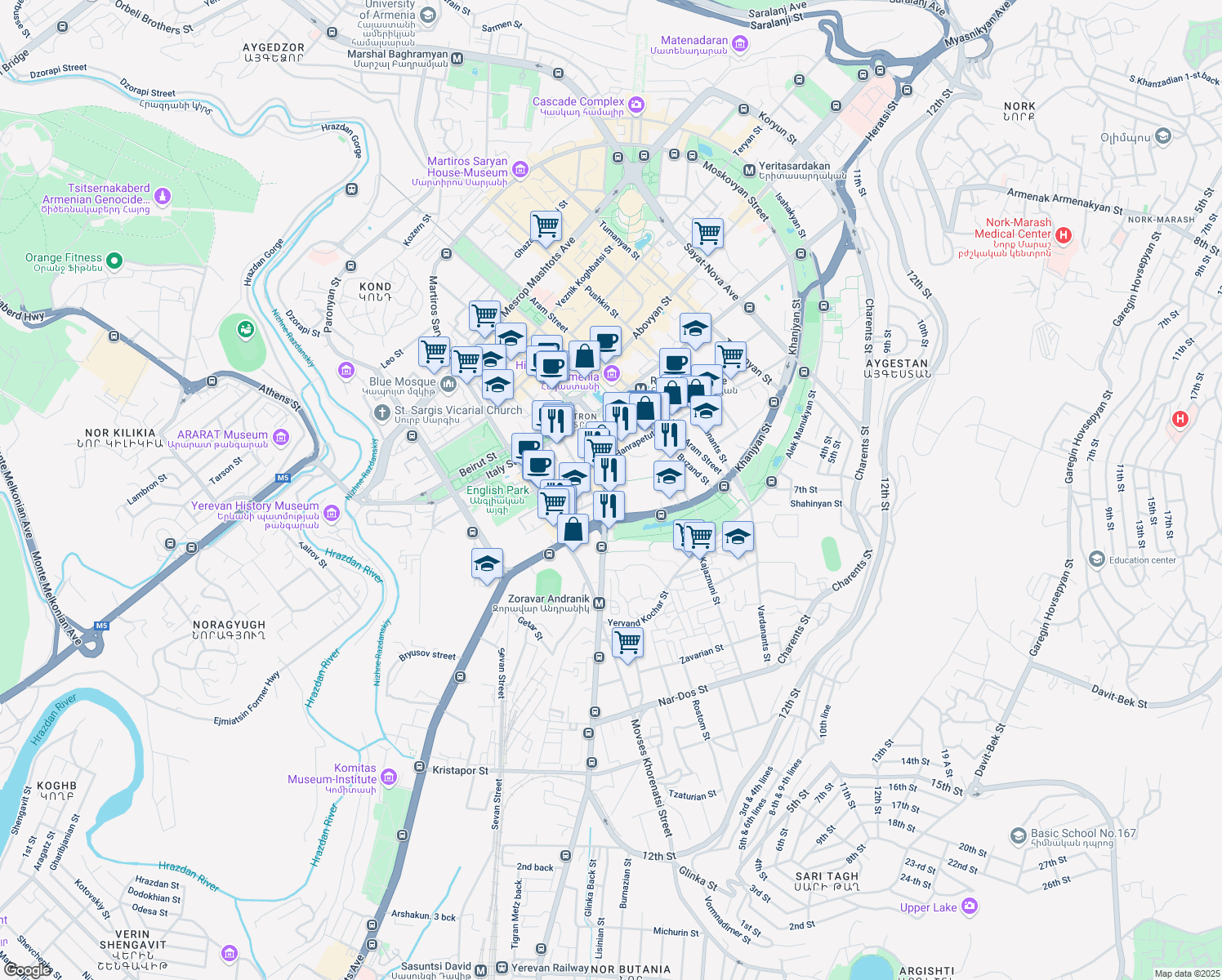 map of restaurants, bars, coffee shops, grocery stores, and more near 13 Tigran Mets Avenue in Yerevan