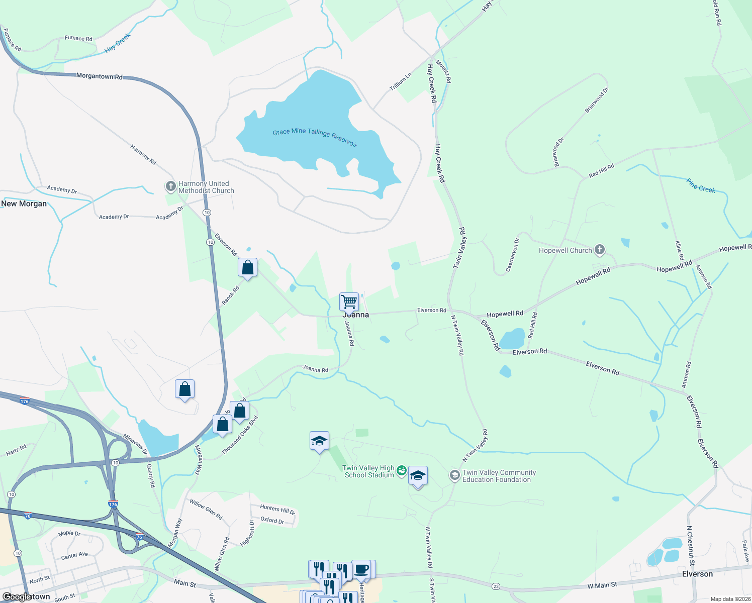 map of restaurants, bars, coffee shops, grocery stores, and more near 1127 Elverson Road in Morgantown