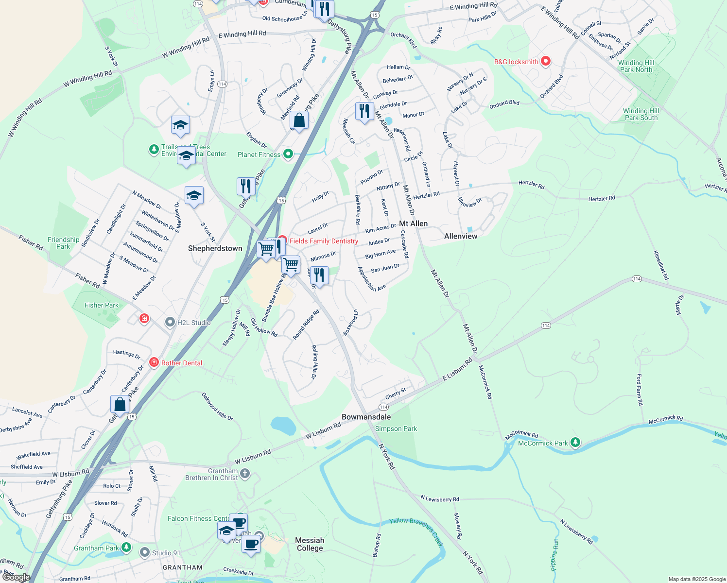 map of restaurants, bars, coffee shops, grocery stores, and more near 25 Pine Tree Dr in Mechanicsburg