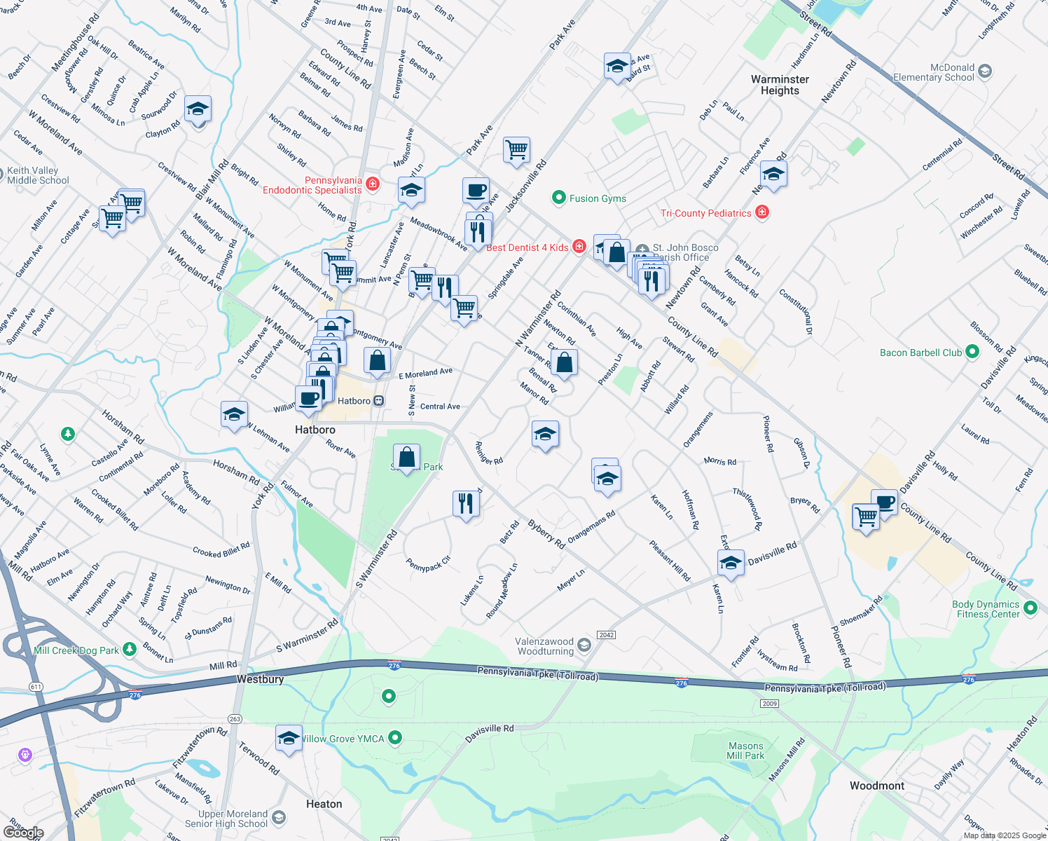 map of restaurants, bars, coffee shops, grocery stores, and more near 3635 Reiniger Road in Hatboro