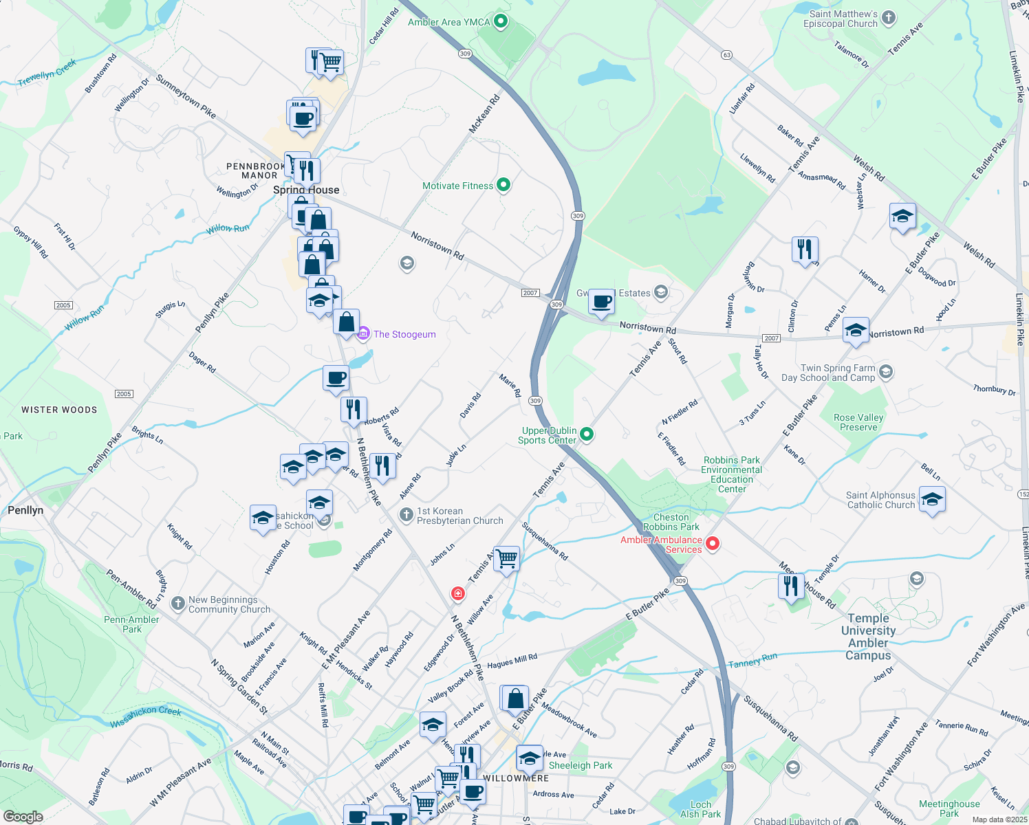map of restaurants, bars, coffee shops, grocery stores, and more near 916 Judie Ln in Ambler