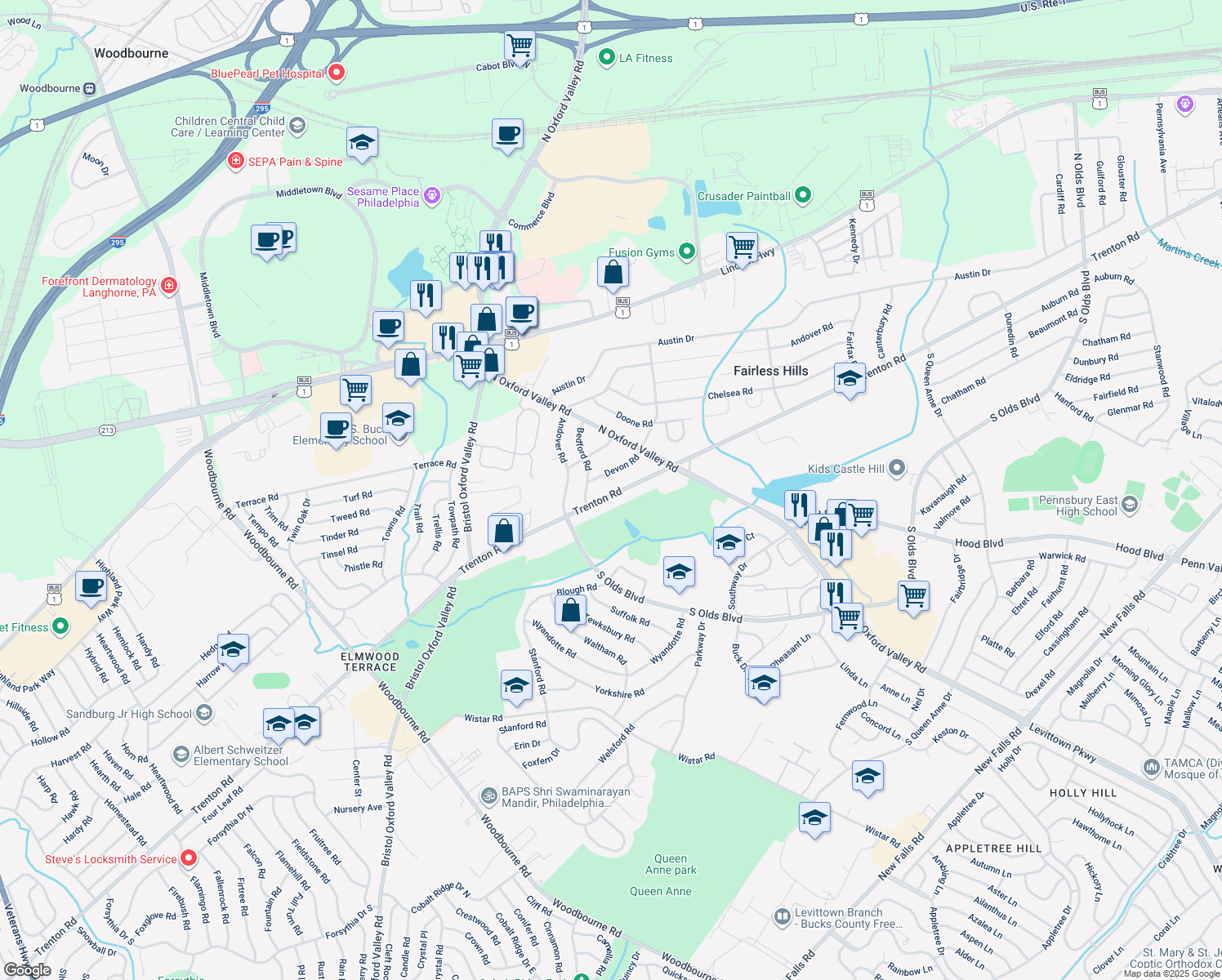 map of restaurants, bars, coffee shops, grocery stores, and more near 227 Trenton Road in Fairless Hills