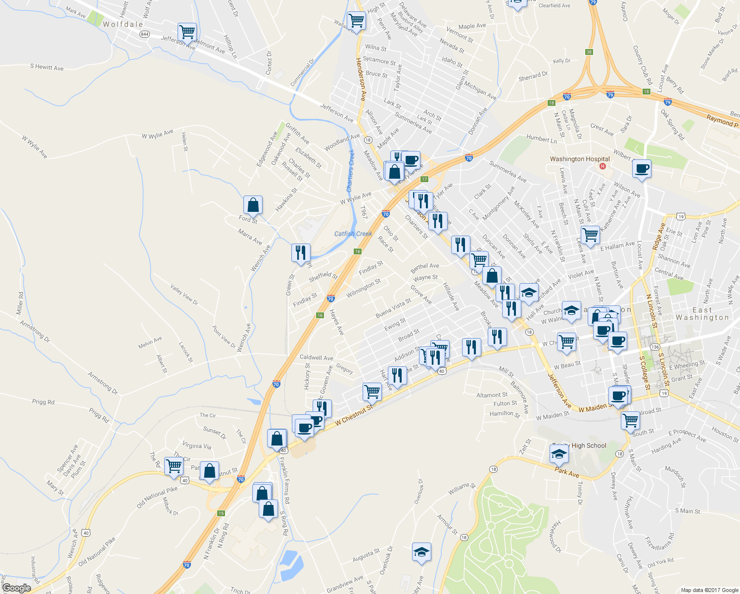 map of restaurants, bars, coffee shops, grocery stores, and more near 645 Baird Avenue in Washington