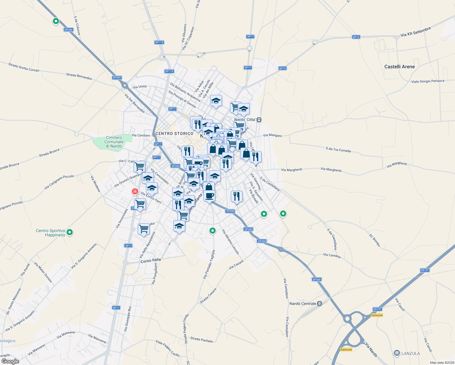 map of restaurants, bars, coffee shops, grocery stores, and more near Via Libertà in Nardò