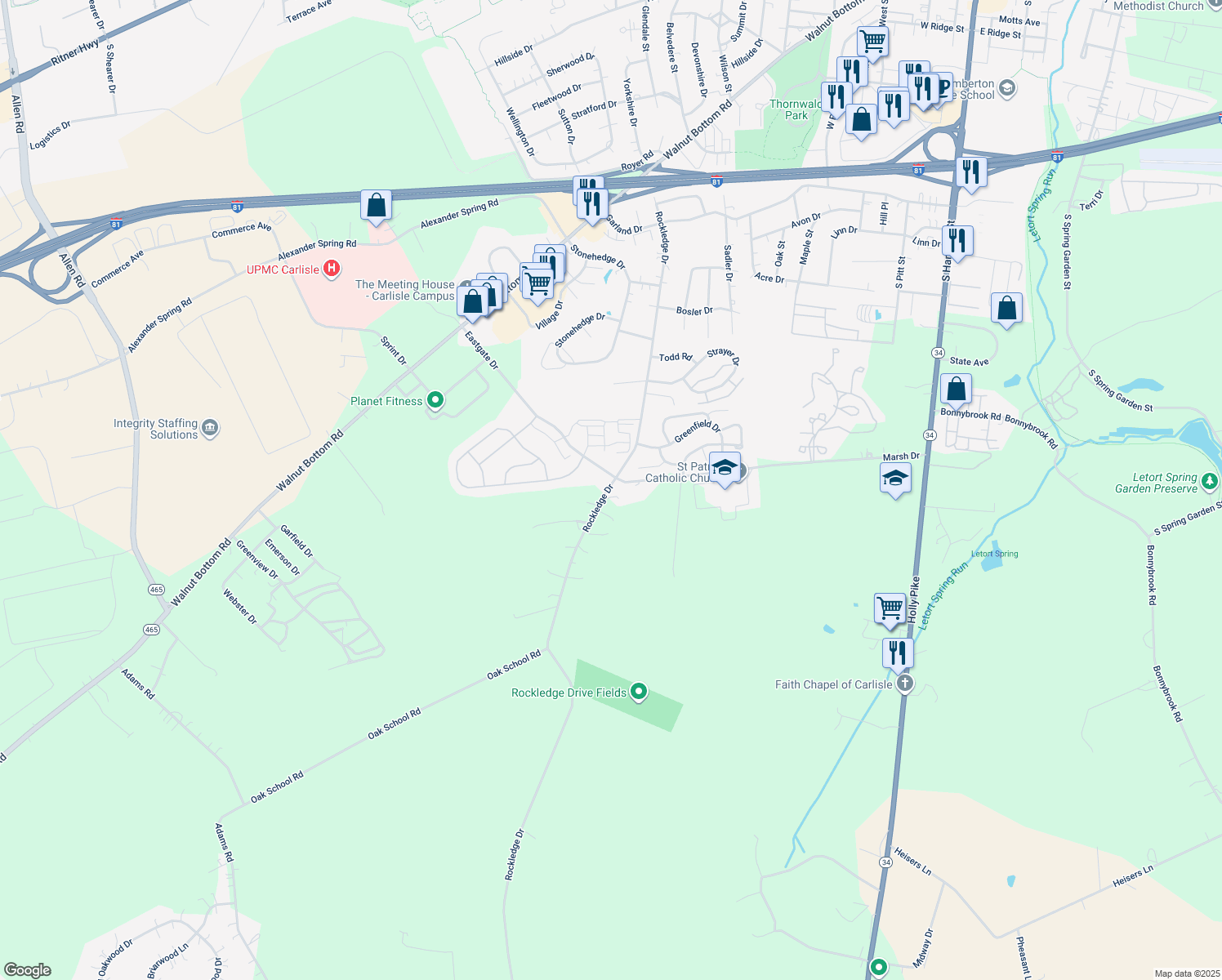 map of restaurants, bars, coffee shops, grocery stores, and more near 1103 Rockledge Dr in Carlisle