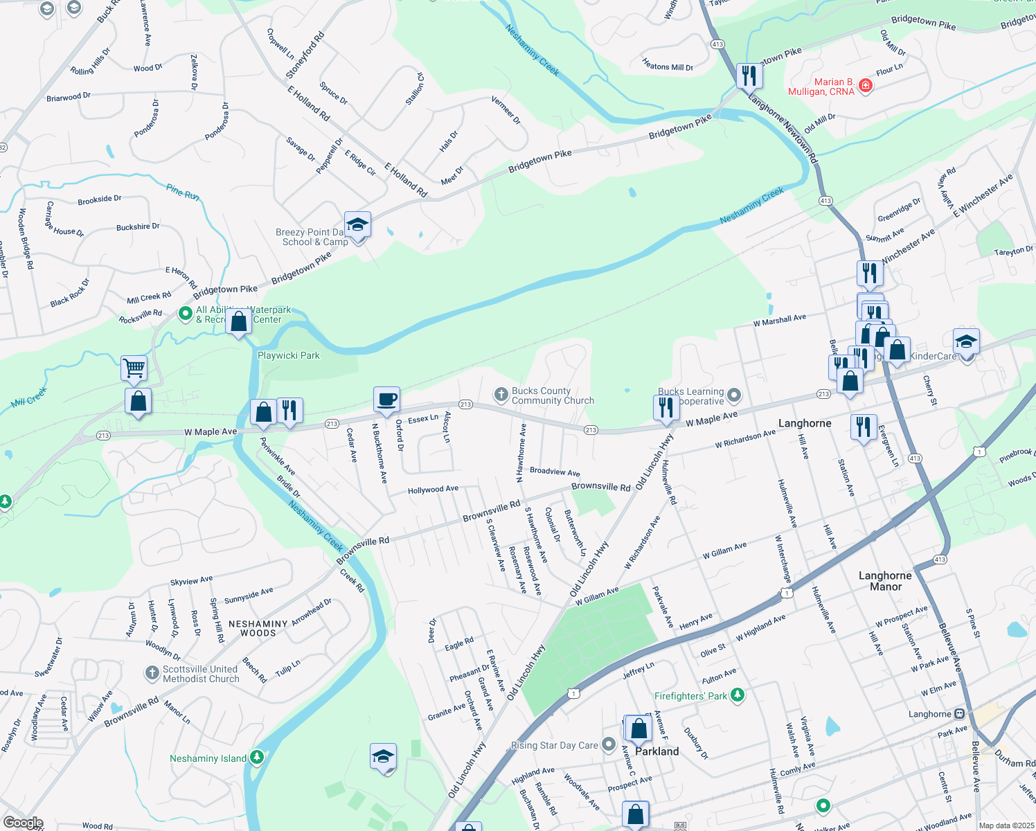 map of restaurants, bars, coffee shops, grocery stores, and more near 1246 West Maple Avenue in Langhorne