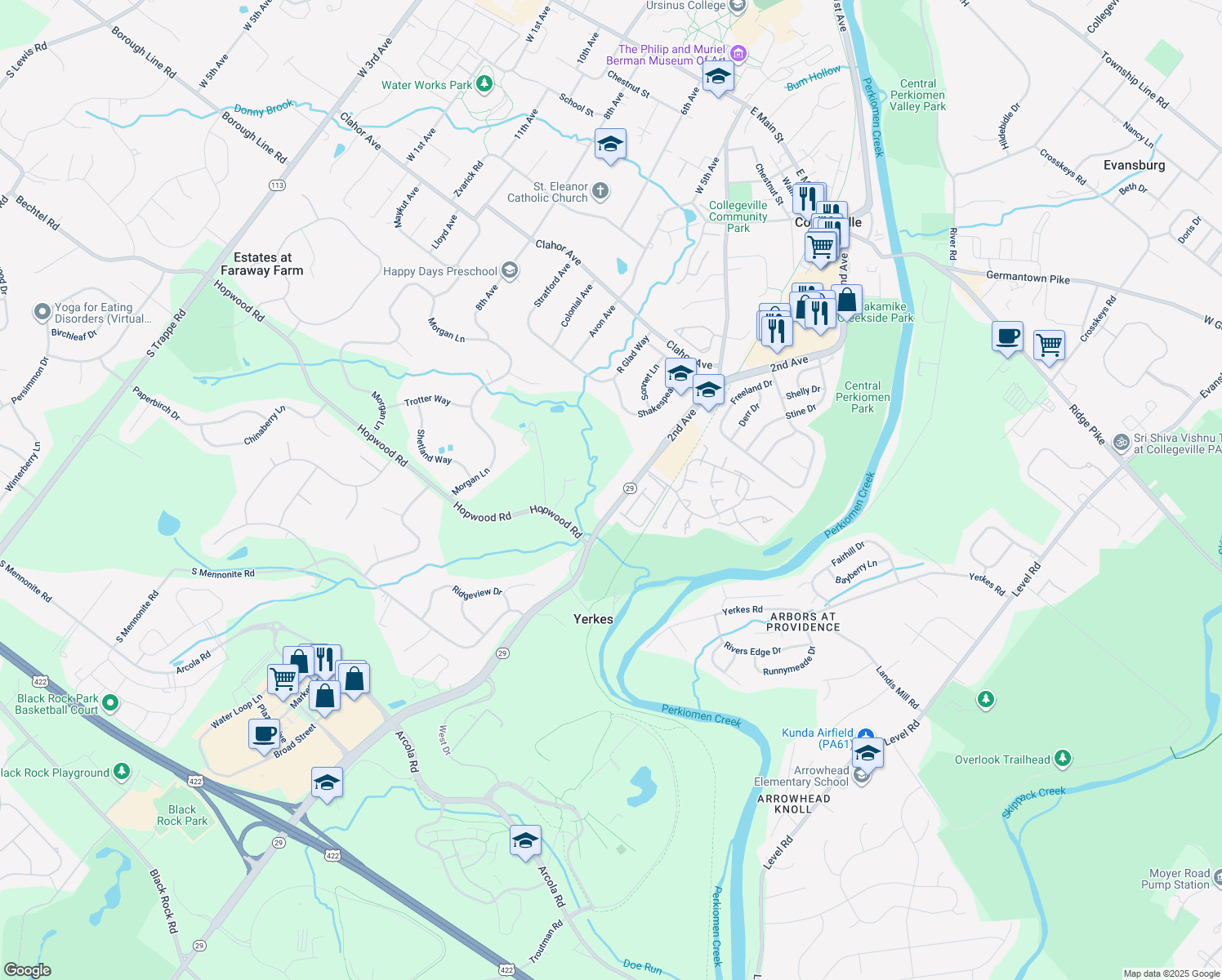 map of restaurants, bars, coffee shops, grocery stores, and more near 1731 South Collegeville Road in Collegeville