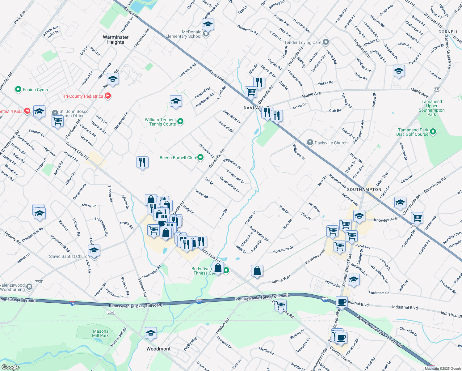 map of restaurants, bars, coffee shops, grocery stores, and more near 118 Meadowfield Drive in Southampton