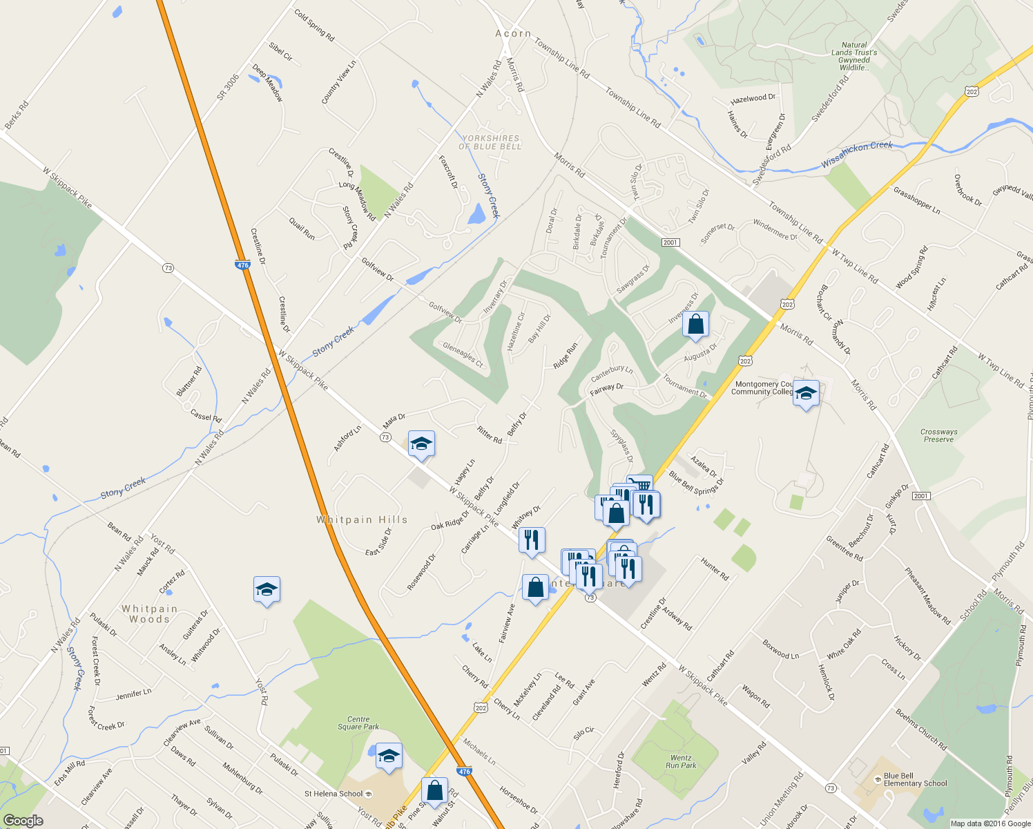 map of restaurants, bars, coffee shops, grocery stores, and more near 1663 Salem Circle in Blue Bell