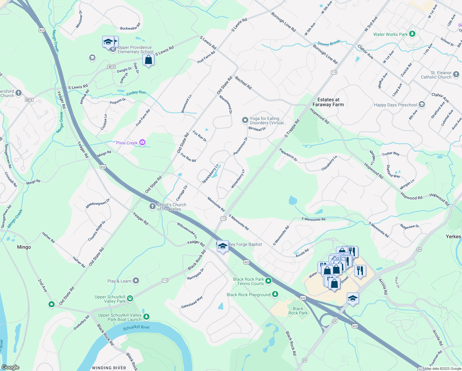 map of restaurants, bars, coffee shops, grocery stores, and more near 16 Sugarpine Lane in Collegeville