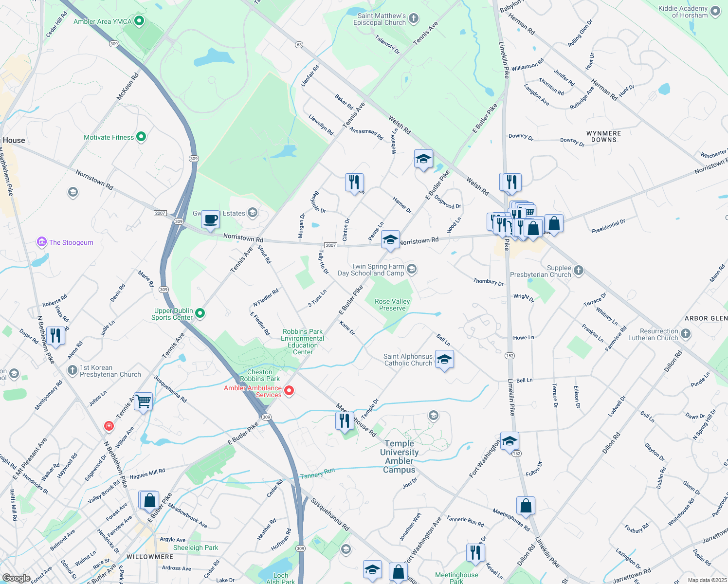 map of restaurants, bars, coffee shops, grocery stores, and more near 1610 East Butler Pike in Ambler