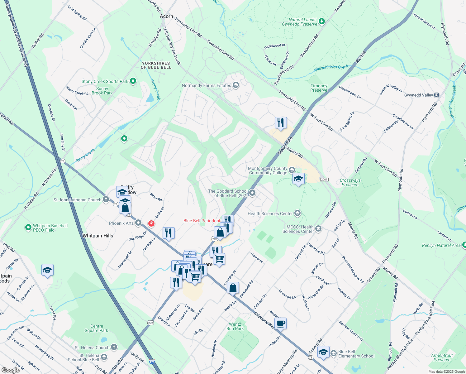 map of restaurants, bars, coffee shops, grocery stores, and more near 304 Saint Andrews Place in Blue Bell