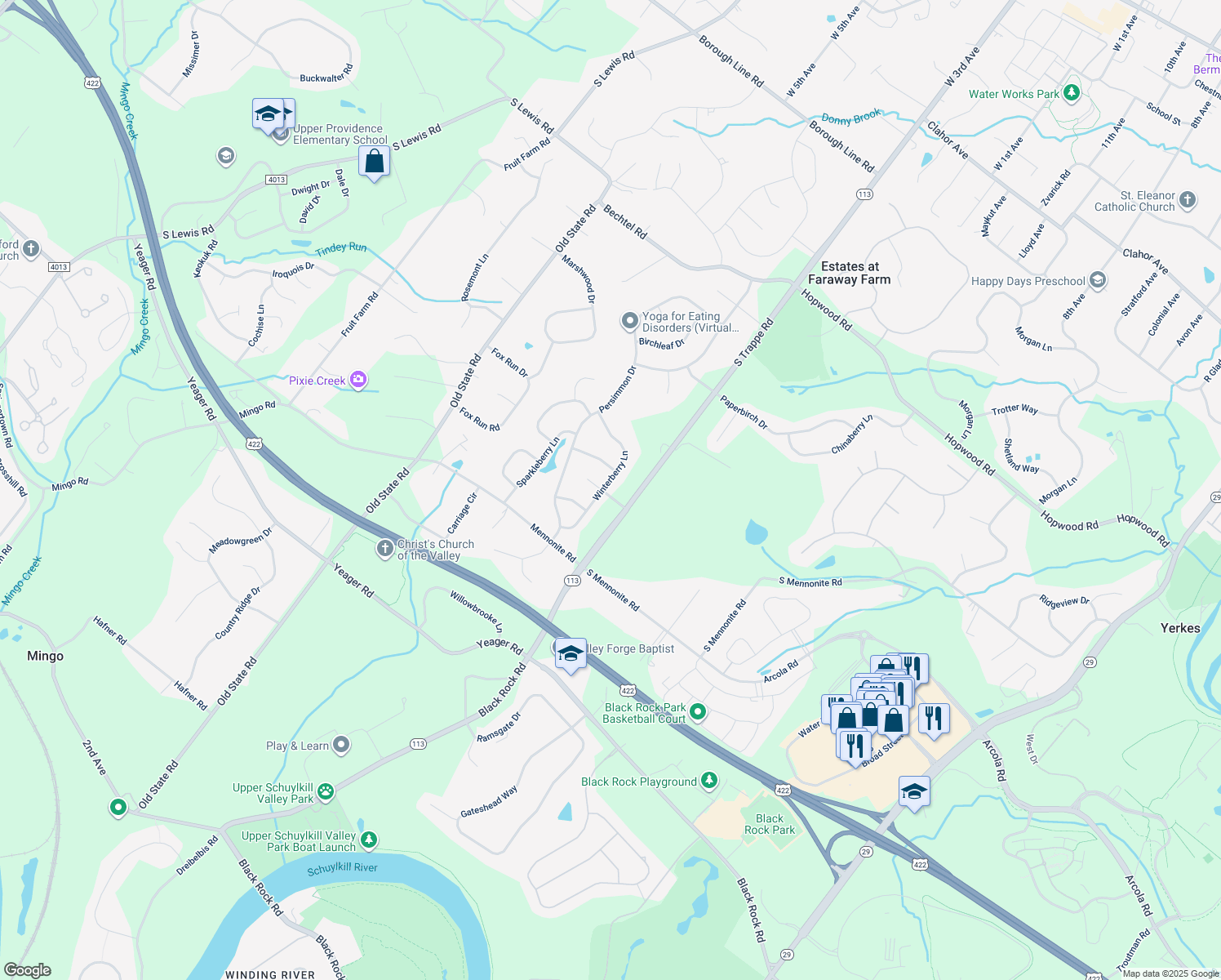 map of restaurants, bars, coffee shops, grocery stores, and more near 218 Winterberry Lane in Collegeville