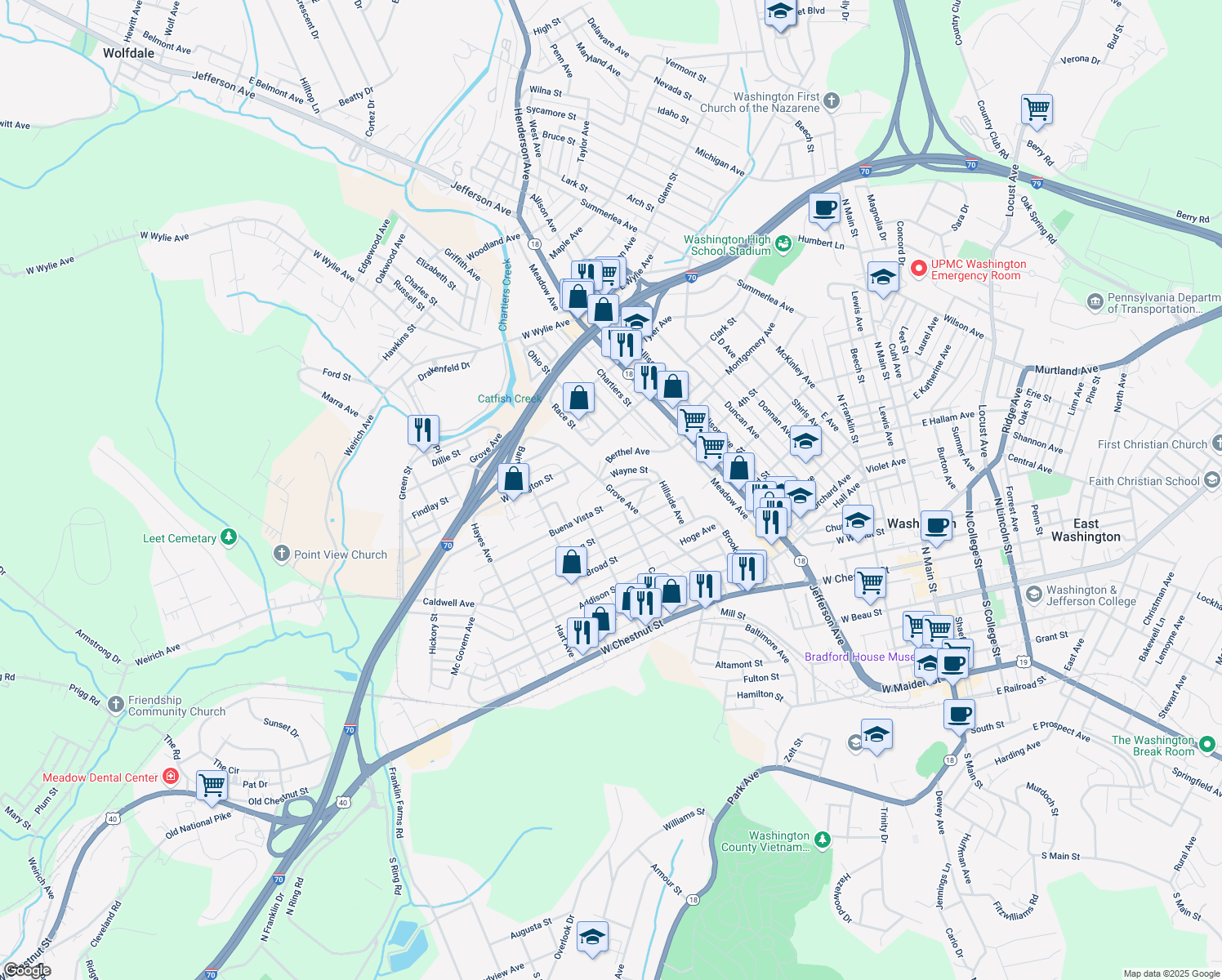 map of restaurants, bars, coffee shops, grocery stores, and more near Alley Street in Washington