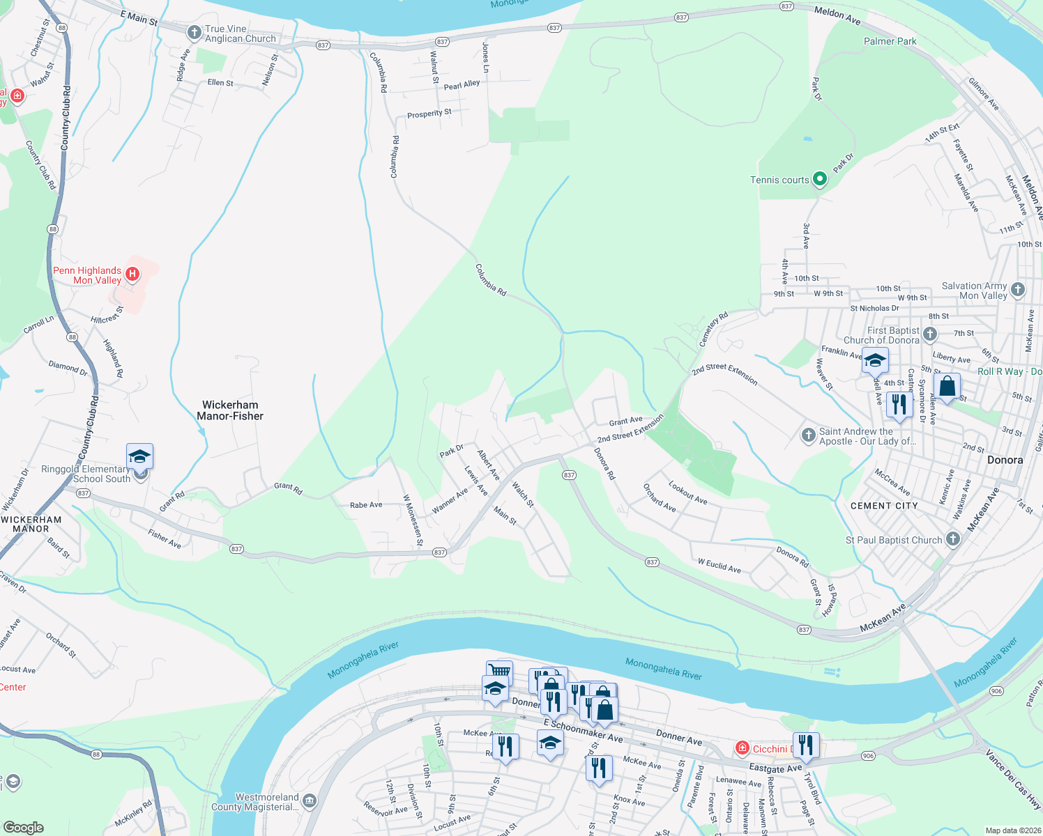 map of restaurants, bars, coffee shops, grocery stores, and more near 206 Cypress Avenue in Monongahela