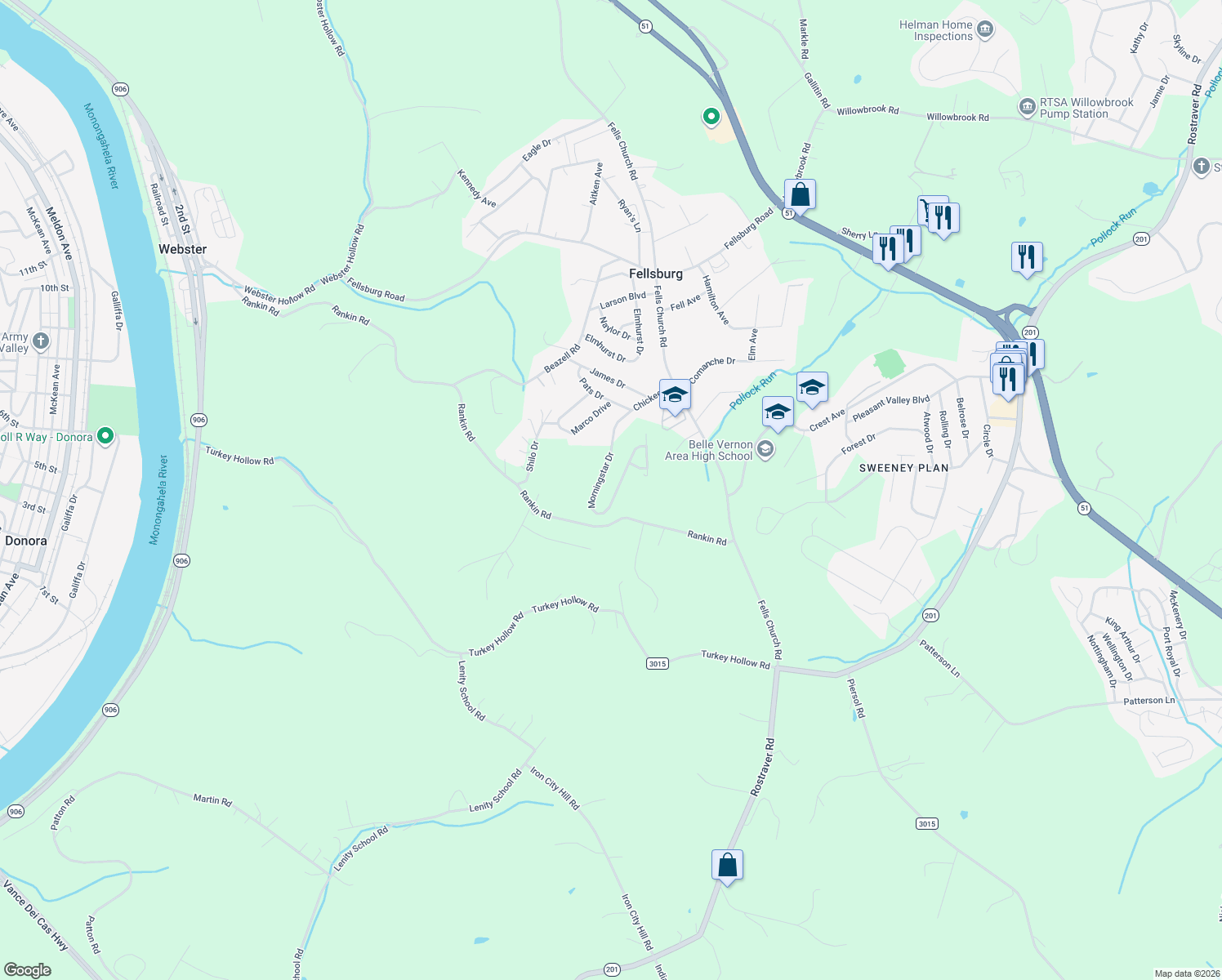 map of restaurants, bars, coffee shops, grocery stores, and more near 137 Morningstar Drive in Belle Vernon