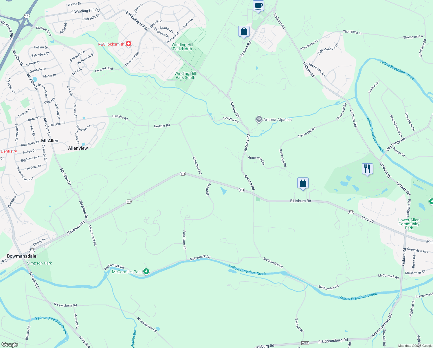 map of restaurants, bars, coffee shops, grocery stores, and more near 821 E Lisburn Rd in Mechanicsburg