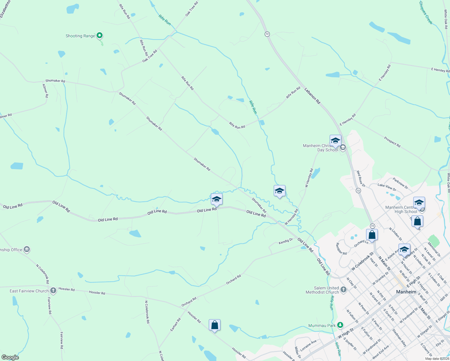 map of restaurants, bars, coffee shops, grocery stores, and more near 1225 Shumaker Road in Manheim