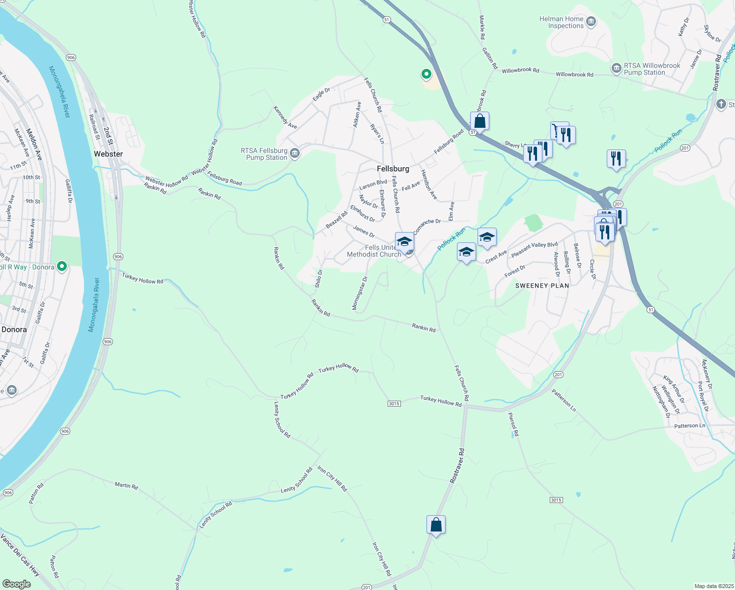 map of restaurants, bars, coffee shops, grocery stores, and more near 137 Morningstar Drive in Belle Vernon
