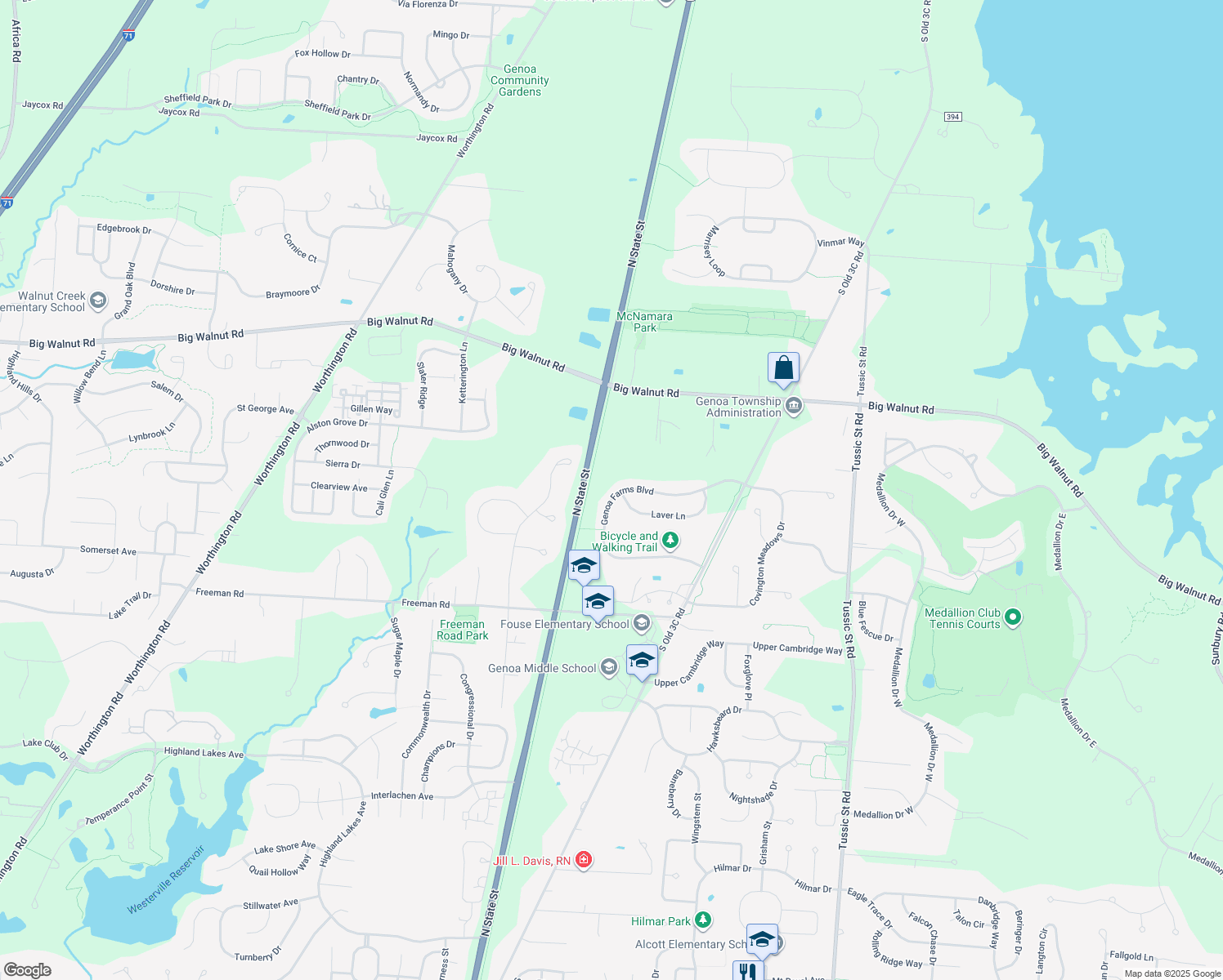 map of restaurants, bars, coffee shops, grocery stores, and more near 5484 Genoa Farms Boulevard in Westerville