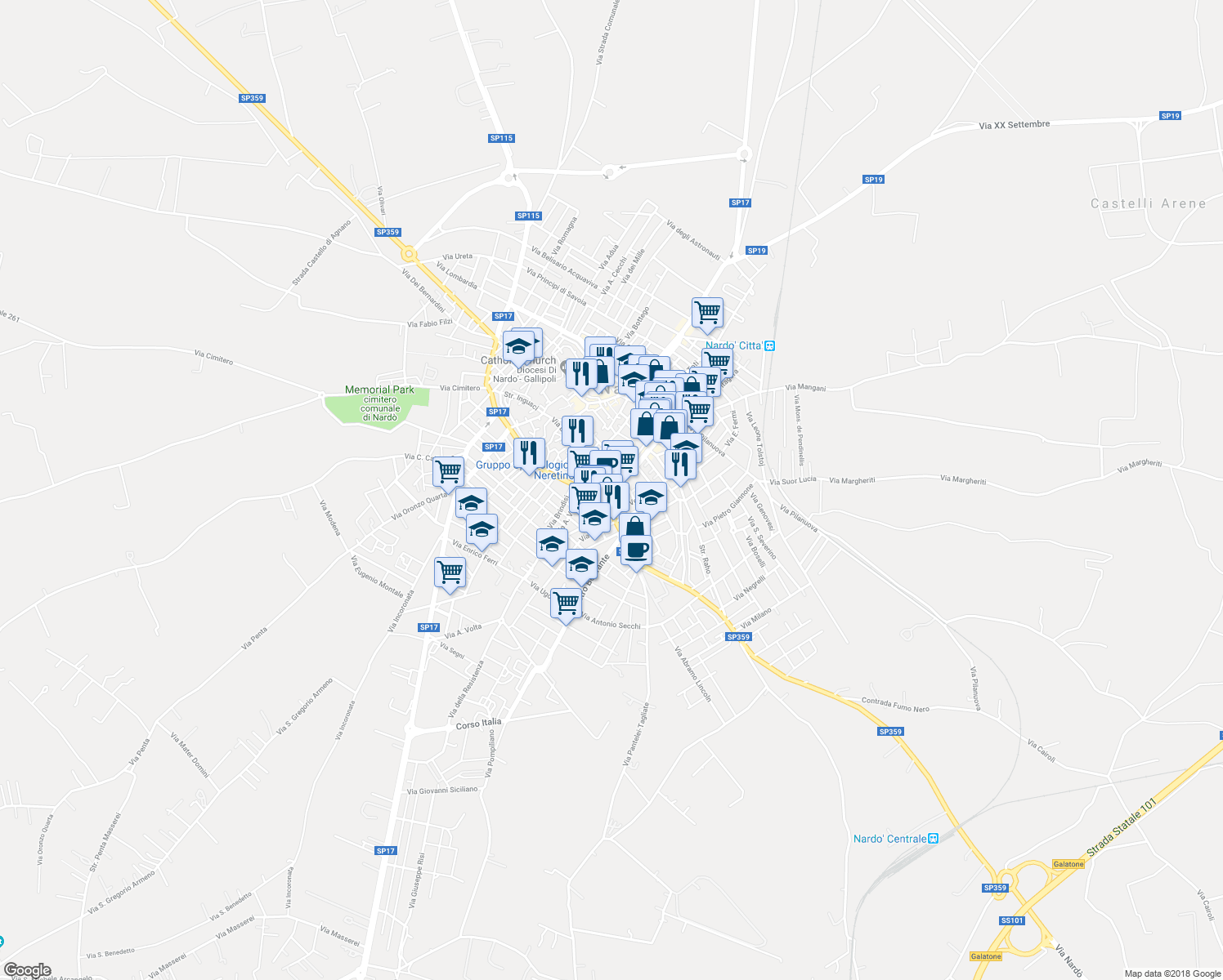 map of restaurants, bars, coffee shops, grocery stores, and more near 2 Corso Giuseppe Galliano in Nardò