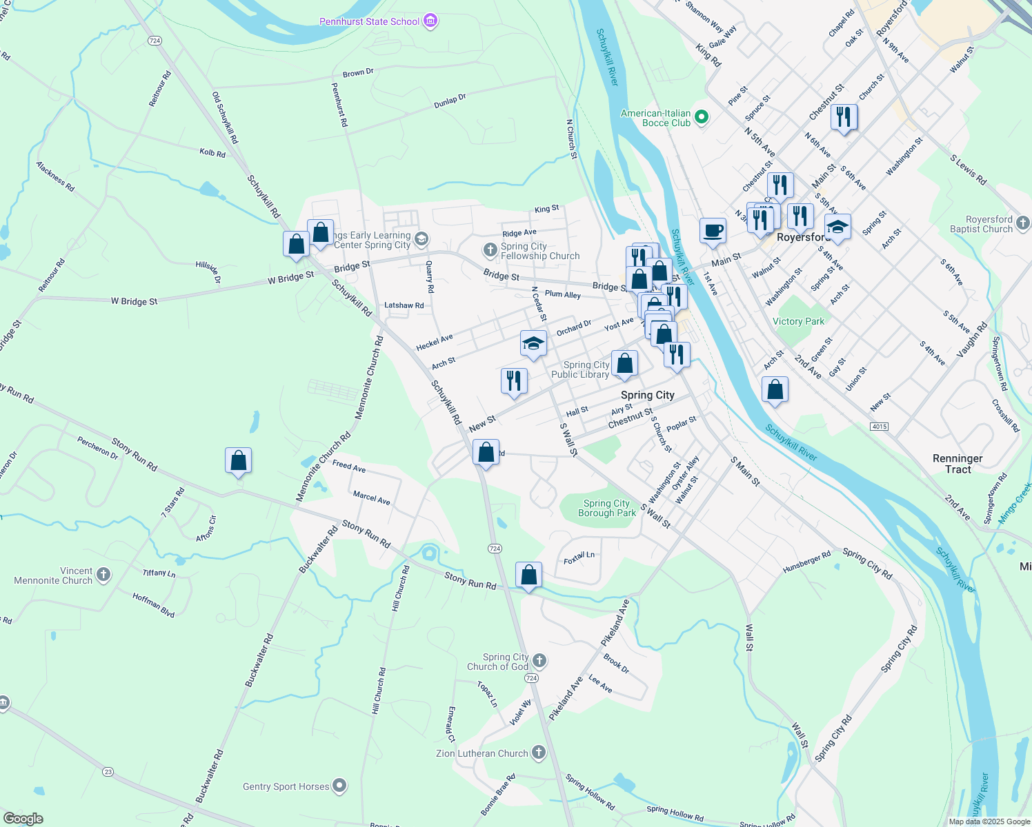 map of restaurants, bars, coffee shops, grocery stores, and more near 628 New Street in Spring City