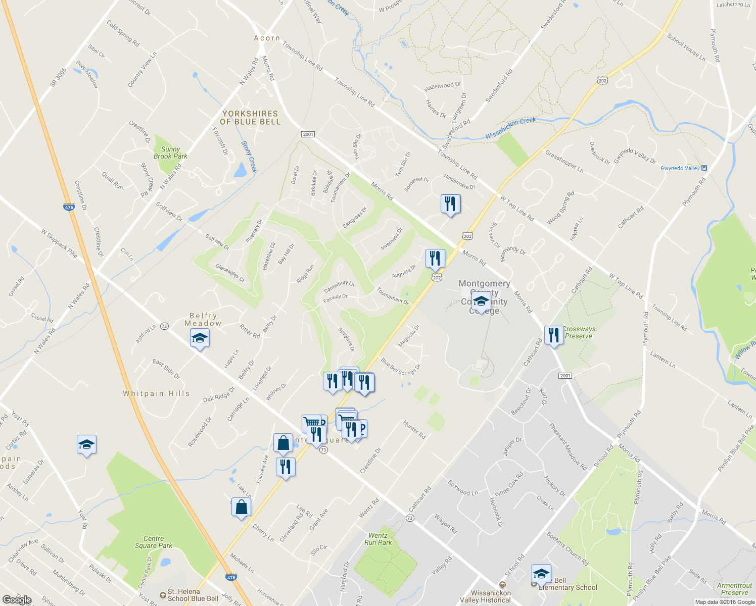 map of restaurants, bars, coffee shops, grocery stores, and more near 111 Saint Andrews Way in Blue Bell