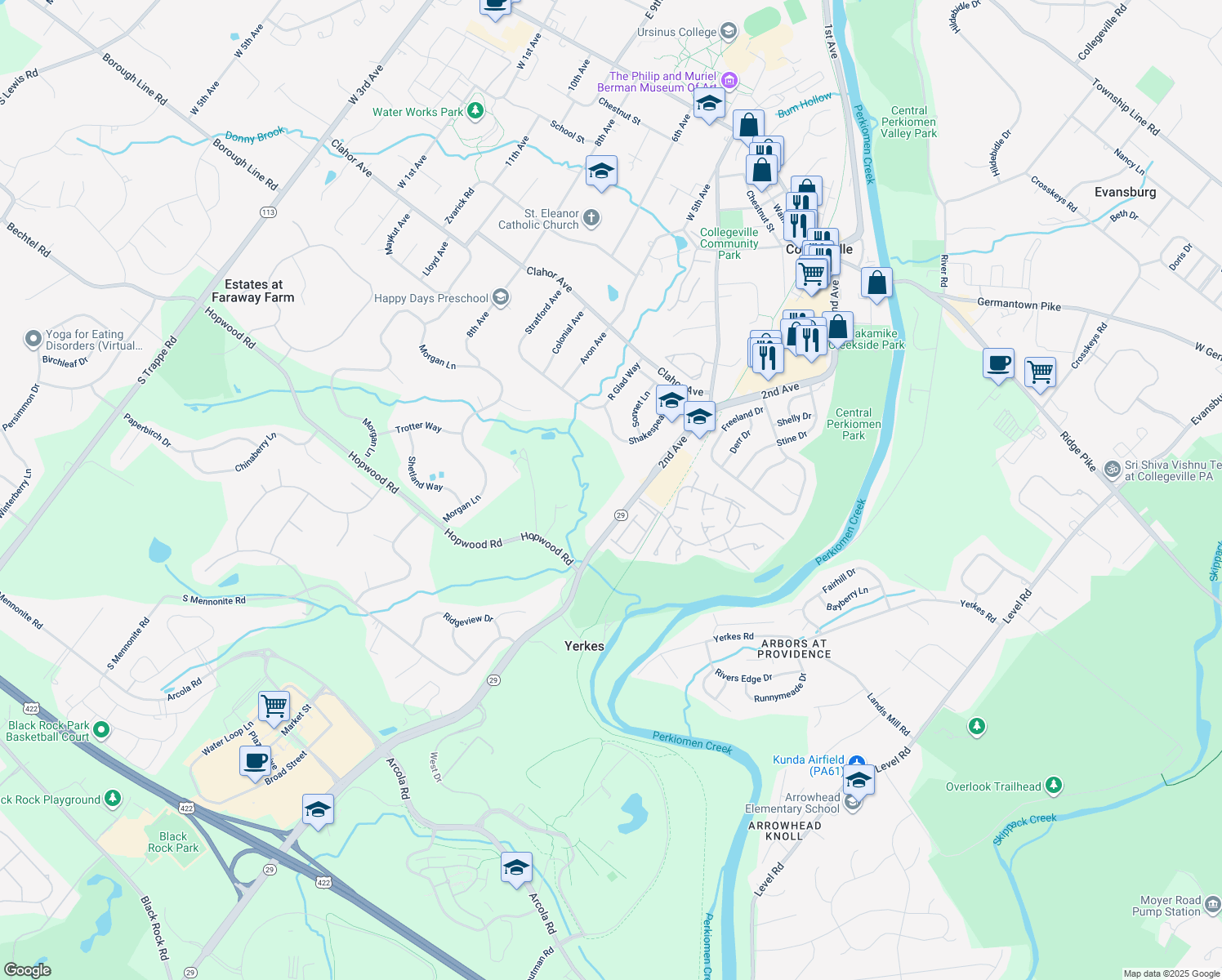 map of restaurants, bars, coffee shops, grocery stores, and more near 1747 South Collegeville Road in Collegeville