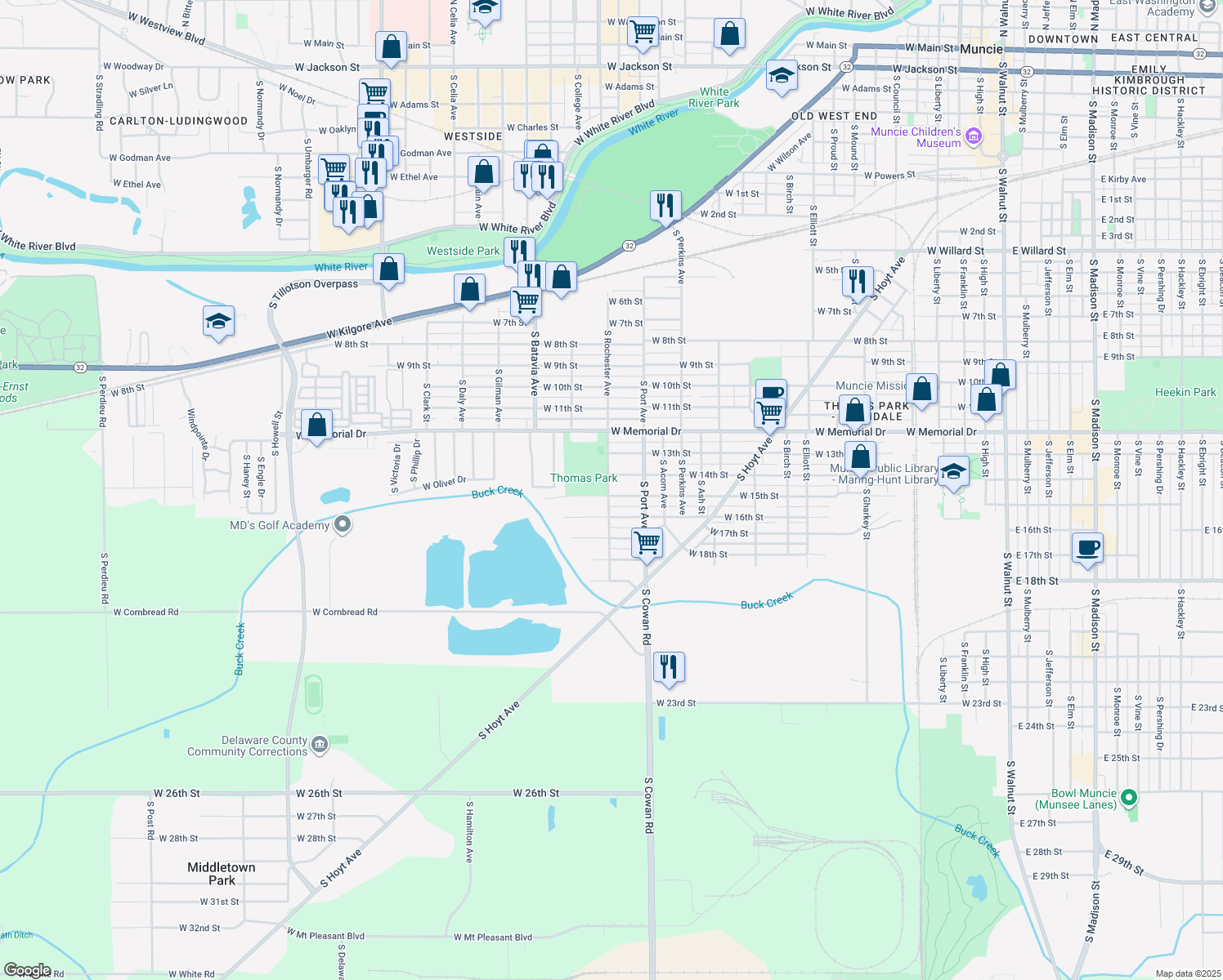 map of restaurants, bars, coffee shops, grocery stores, and more near 1820 West 15th Street in Muncie